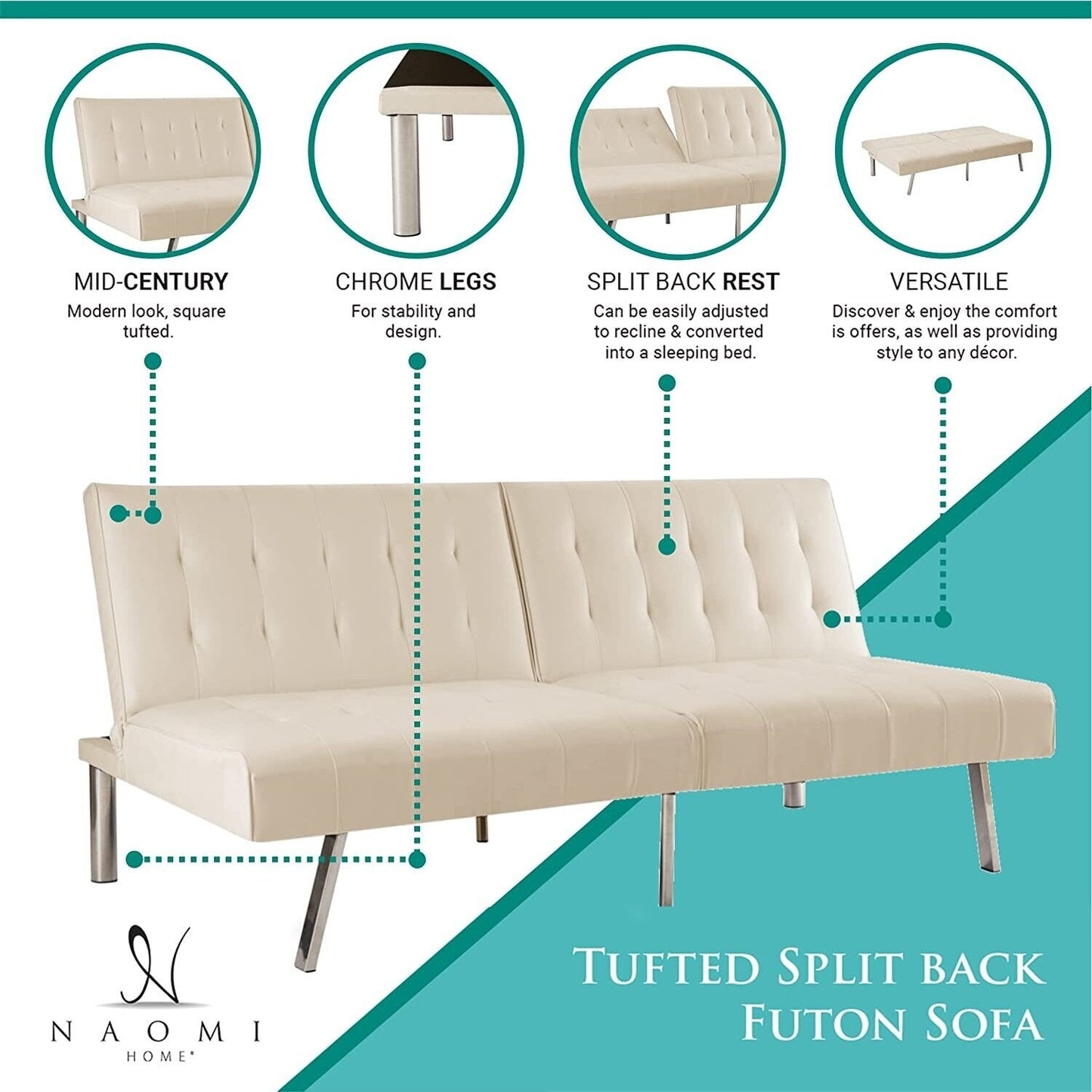 Divano letto futon imbottito in stile moderno di metà secolo con schienale diviso e gambe cromate