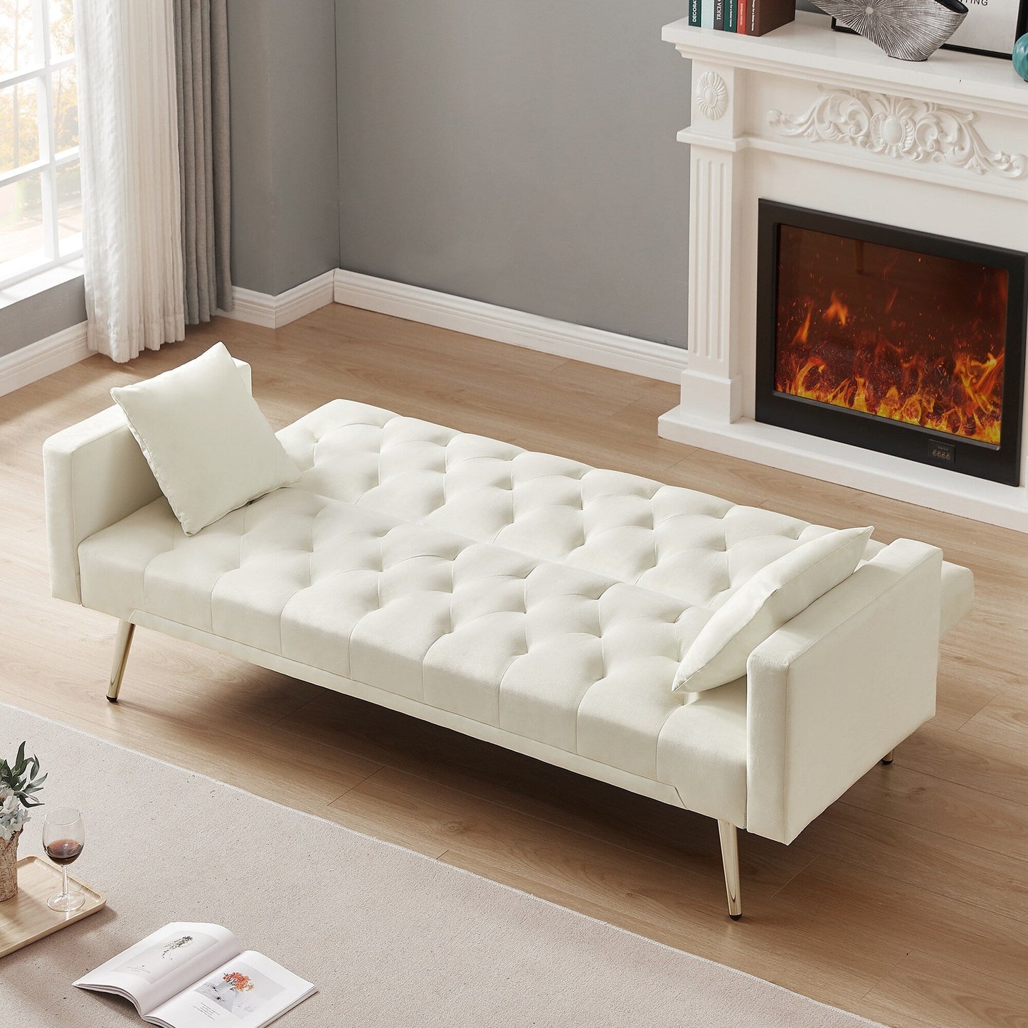 Divano letto pieghevole trasformabile imbottito trapuntato bianco crema
