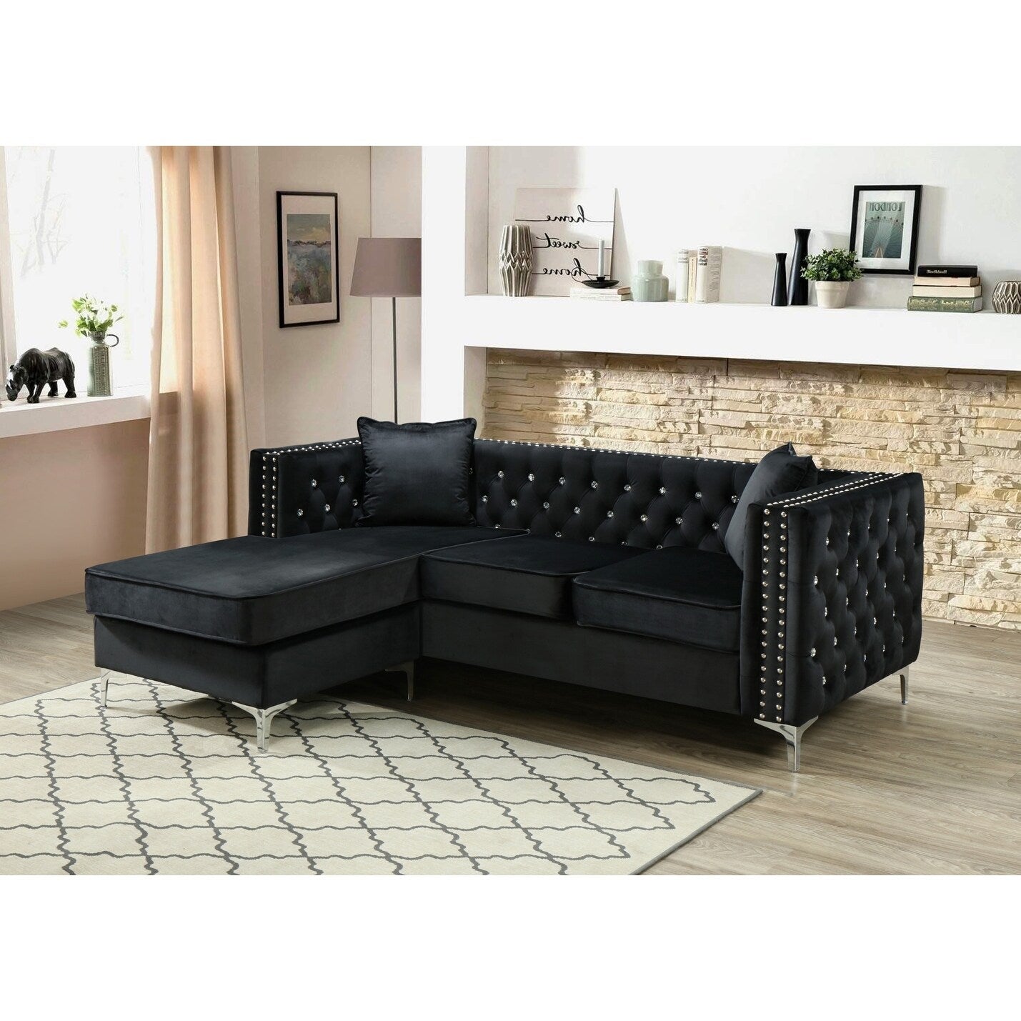 Divano componibile in velluto trapuntato con cuscini decorativi - 87 - Nero
