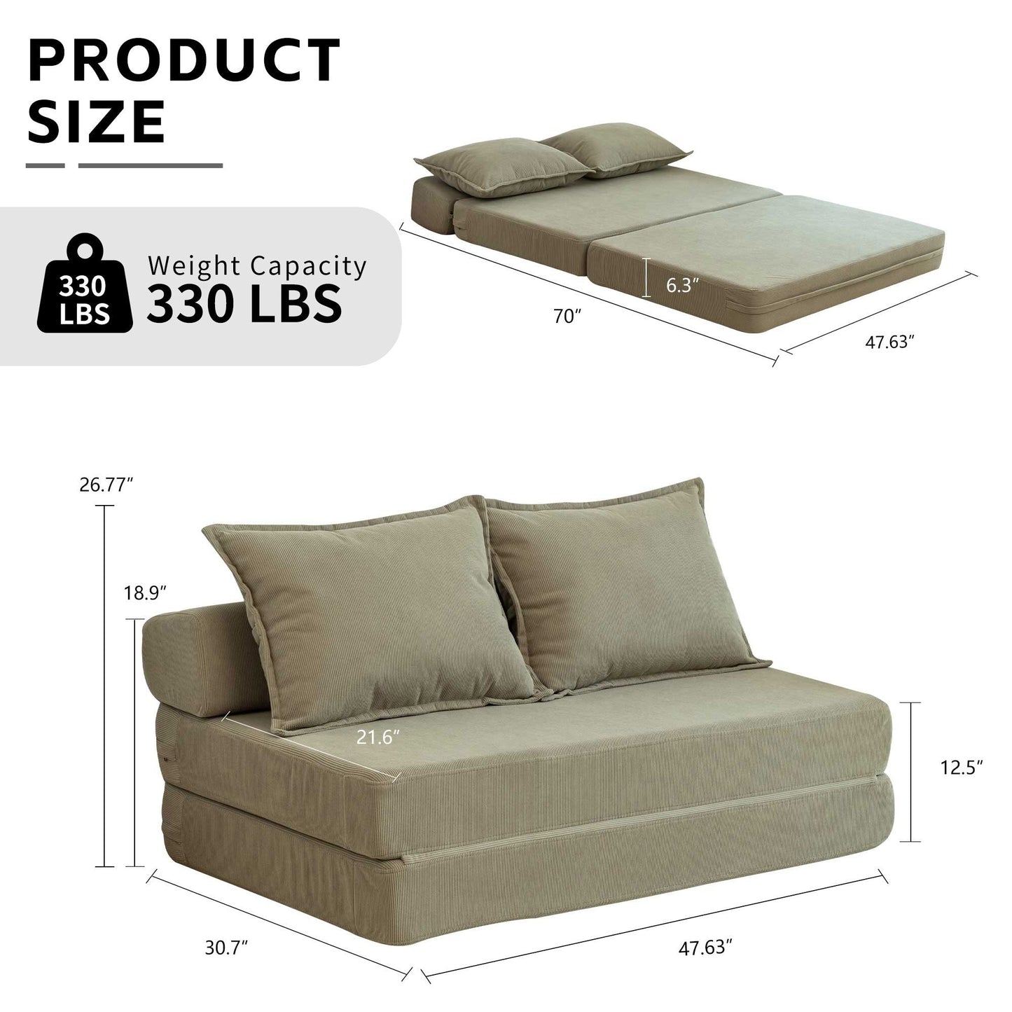 Divano letto convertibile doppio - Divano letto pieghevole multifunzionale con cuscino e schienale regolabile, ideale per dormitori/camere degli ospiti