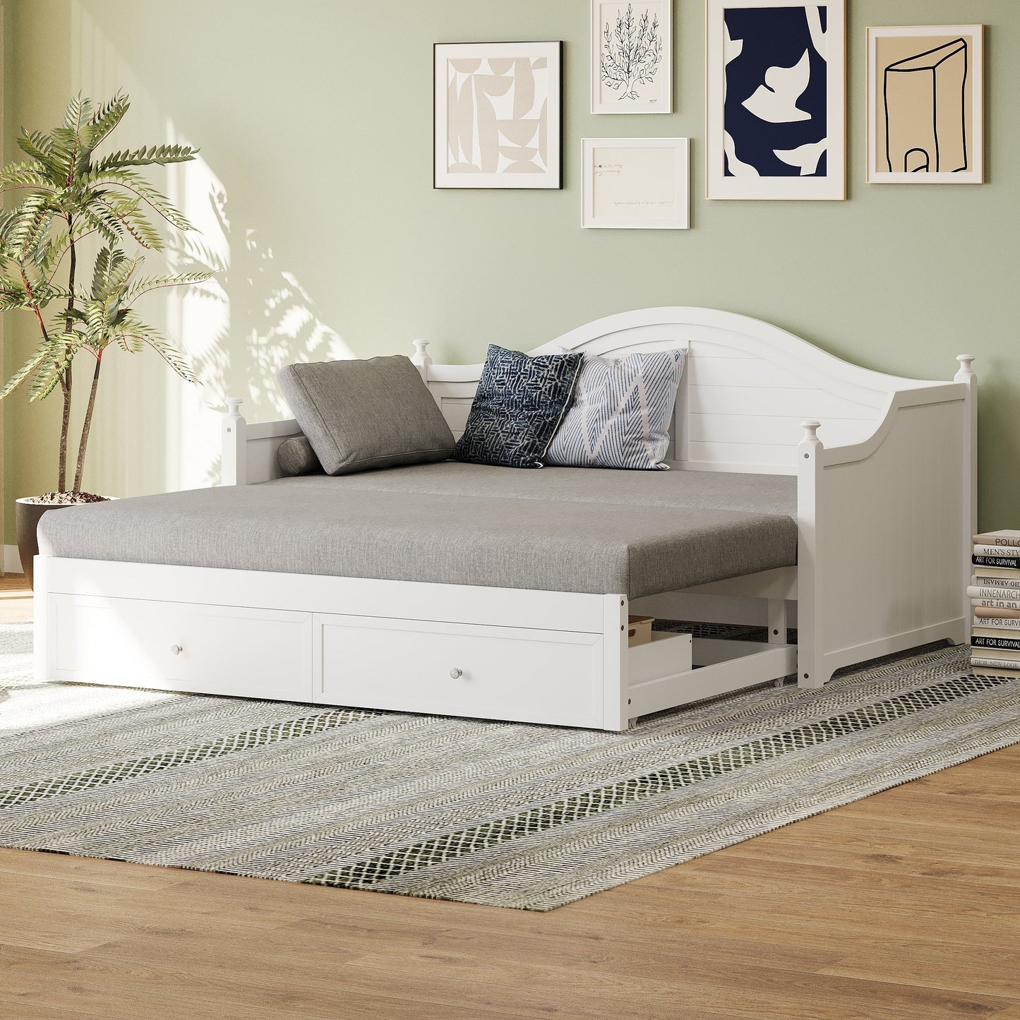 Divano letto matrimoniale in legno con cassetti contenitore, letto allungabile, divano letto in legno per soggiorno, camera degli ospiti