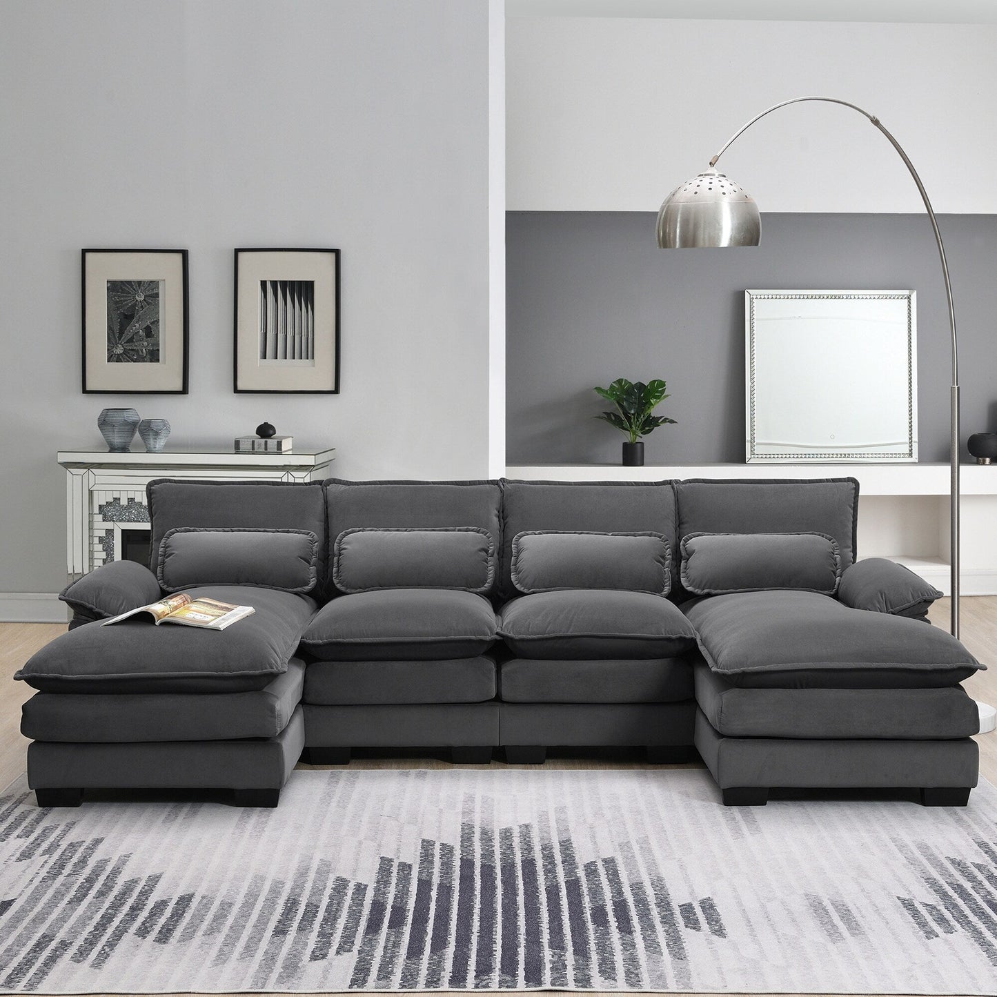 Divano componibile a U con cuscini in vita, divano simmetrico imbottito a 6 posti, divano letto con chaise longue