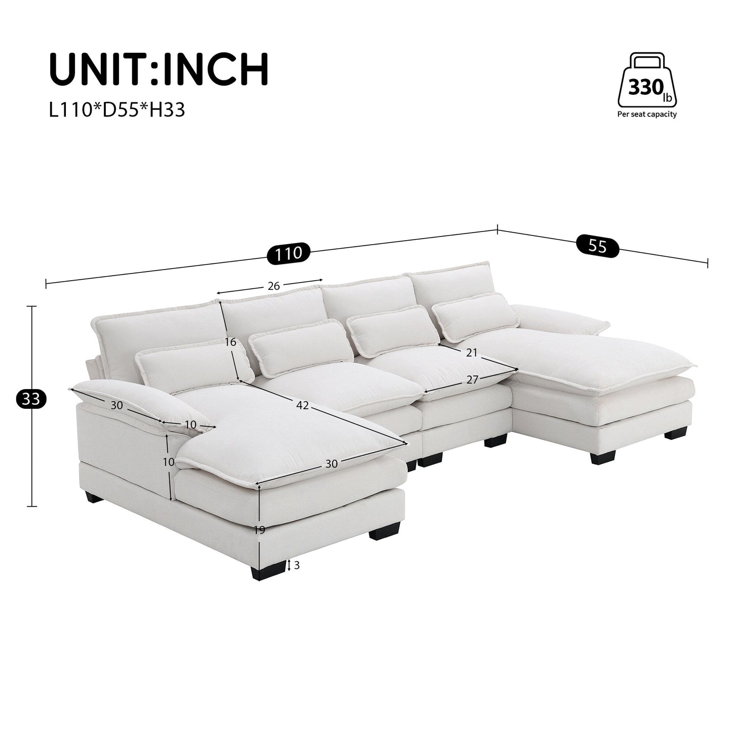 Divano componibile a U con cuscini in vita, divano simmetrico imbottito a 6 posti, divano letto con chaise longue