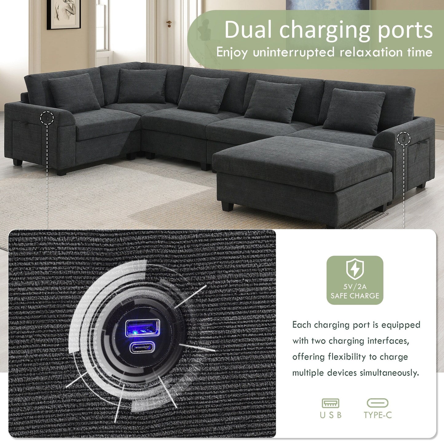 Divano componibile a U, set di divani in ciniglia con pouf, braccioli nascosti e portabicchieri, porte di ricarica USB