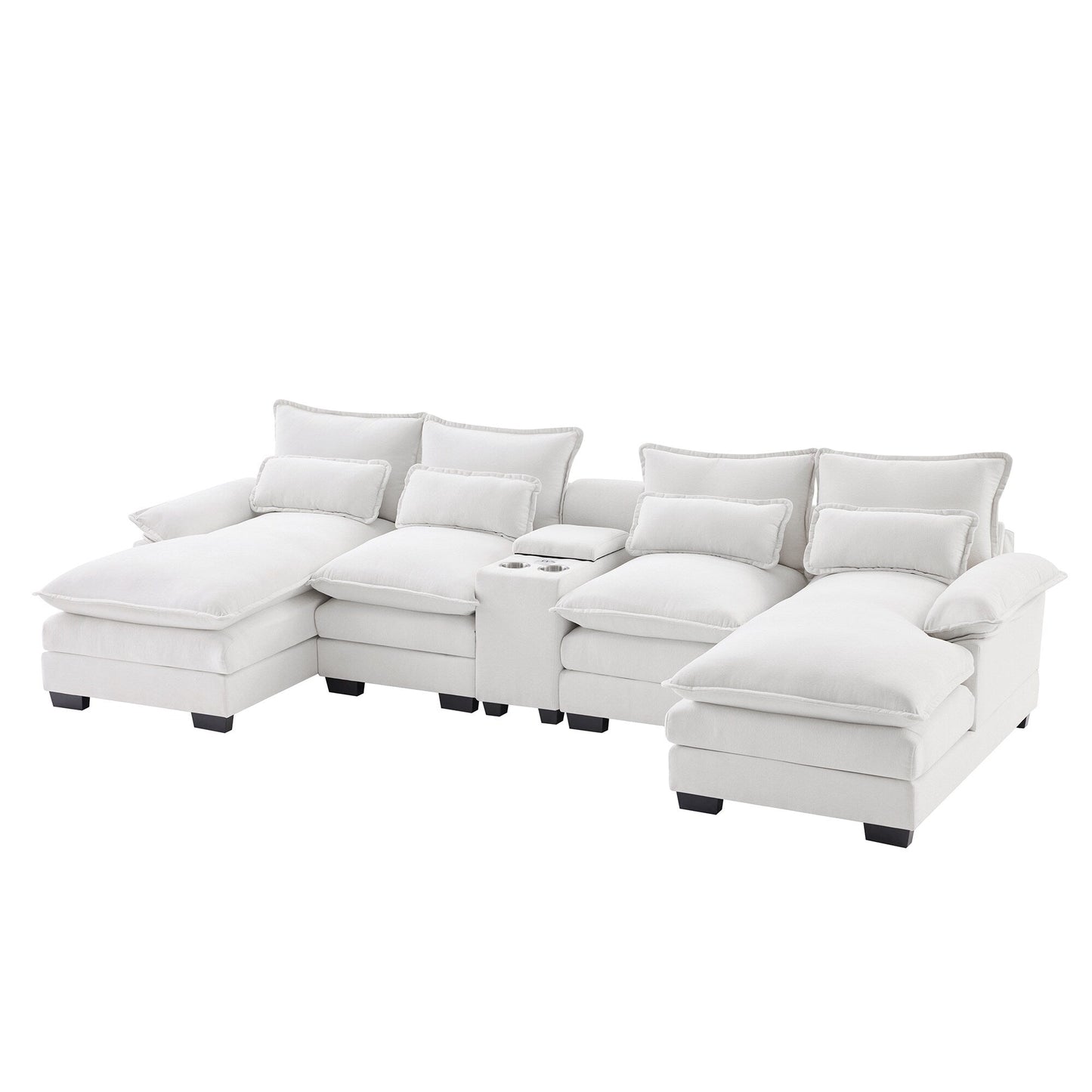 Divano a U con consolle, portabicchieri e porte USB, arredamento da interno simmetrico imbottito, set divano letto con chaise longue