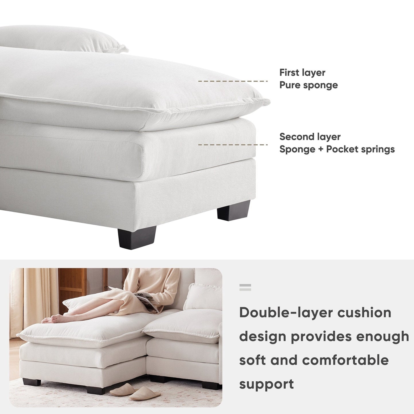 Divano a U con consolle, portabicchieri e porte USB, arredamento da interno simmetrico imbottito, set divano letto con chaise longue