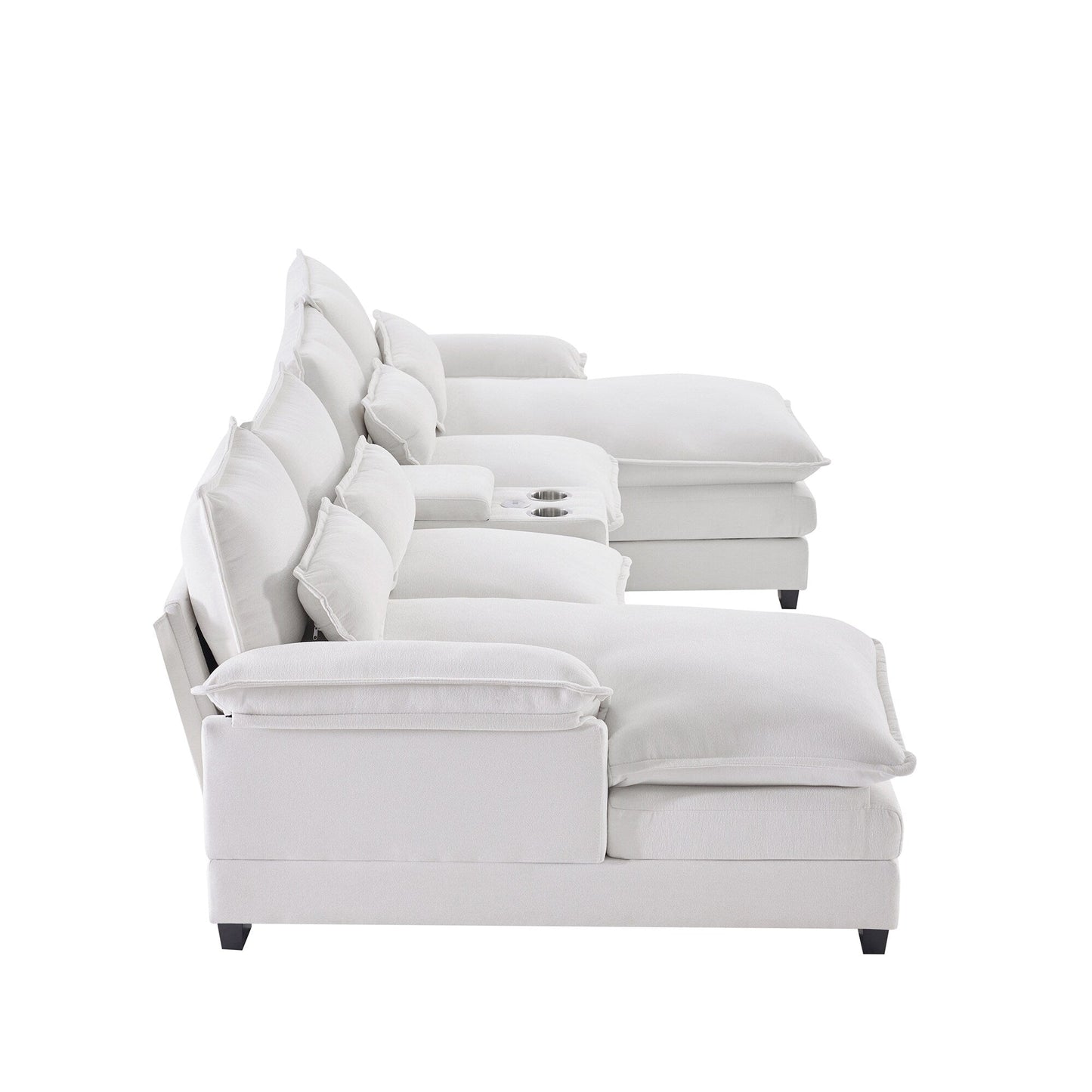 Divano a U con consolle, portabicchieri e porte USB, arredamento da interno simmetrico imbottito, set divano letto con chaise longue