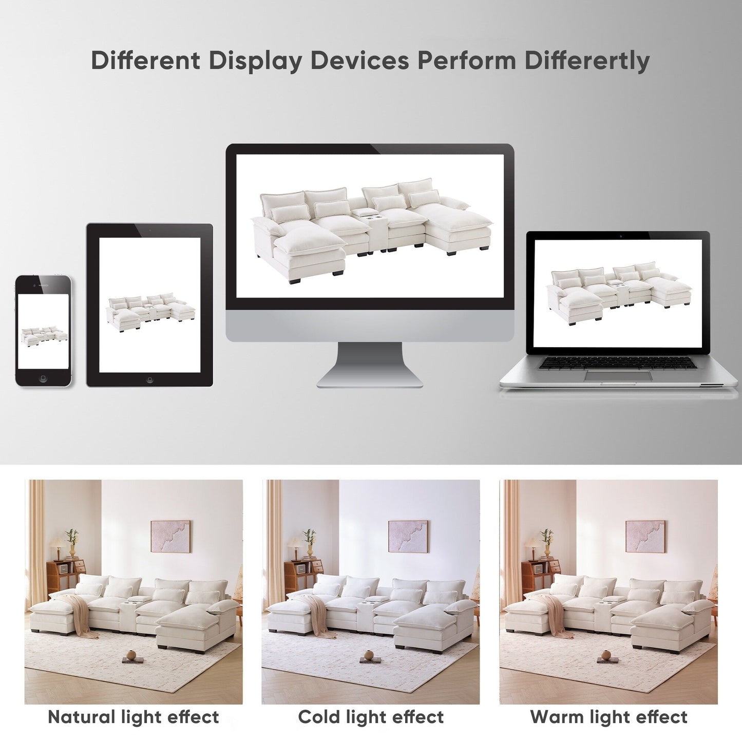 Divano a U con consolle, portabicchieri e porte USB, arredamento da interno simmetrico imbottito, set divano letto con chaise longue