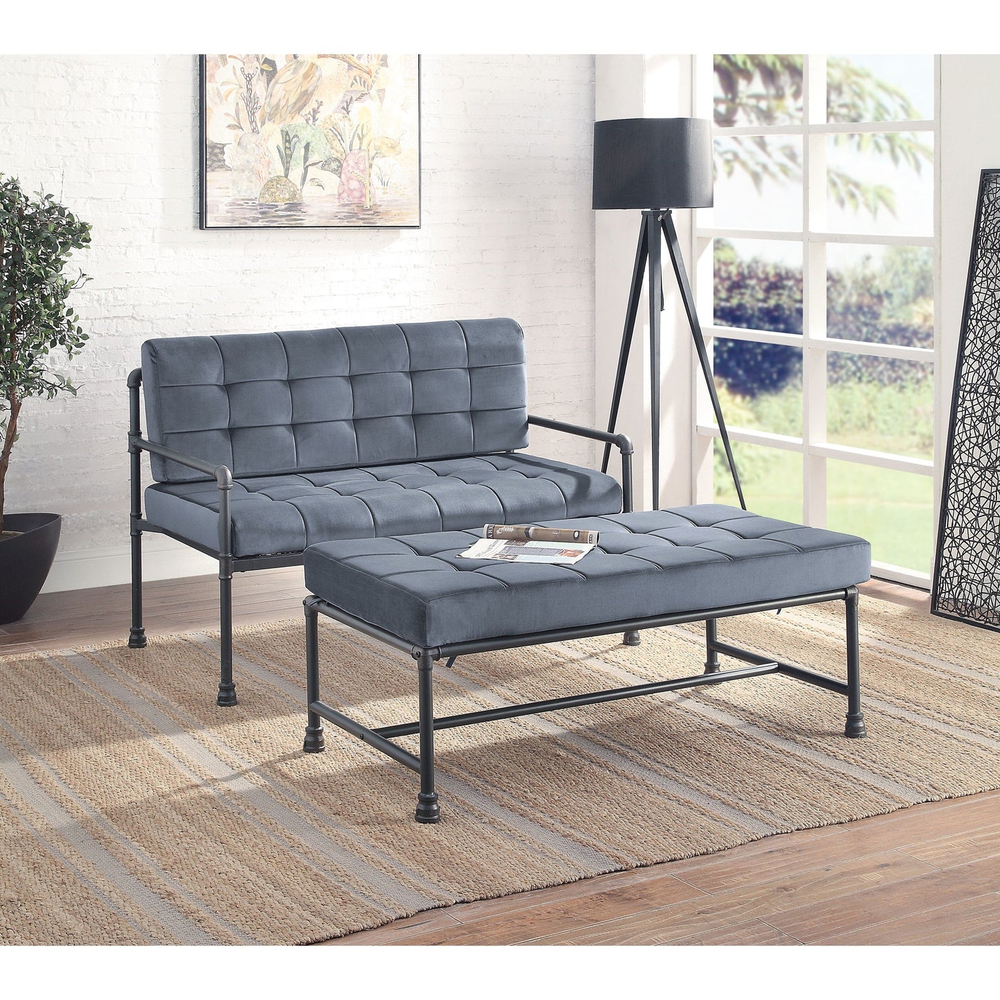 Divano a due posti imbottito in velluto con bottoni e cuscino del sedile in memory foam