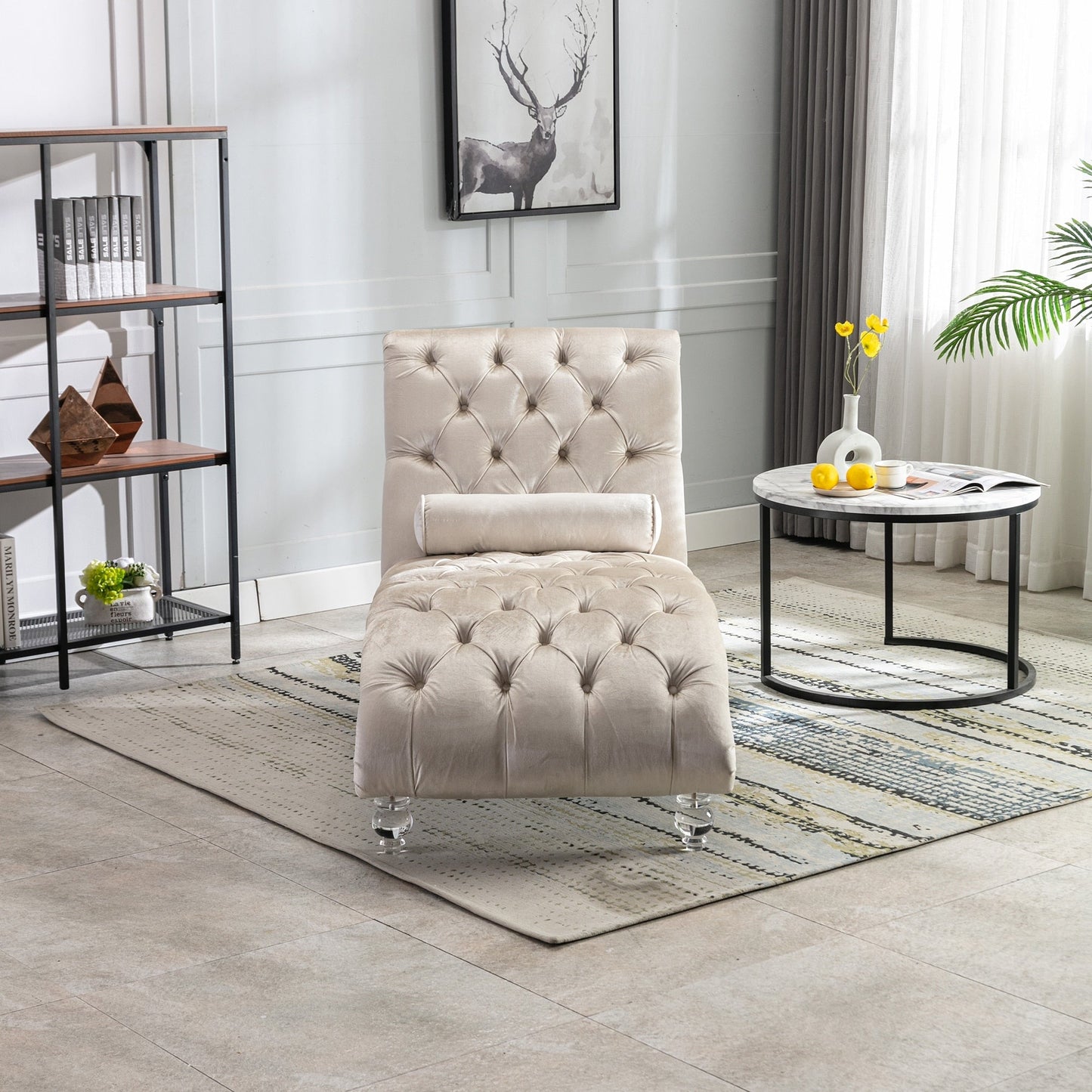 Chaise longue in velluto per interni, poltrona chaise longue imbottita con bottoni e cuscino per camera da letto, soggiorno, ufficio