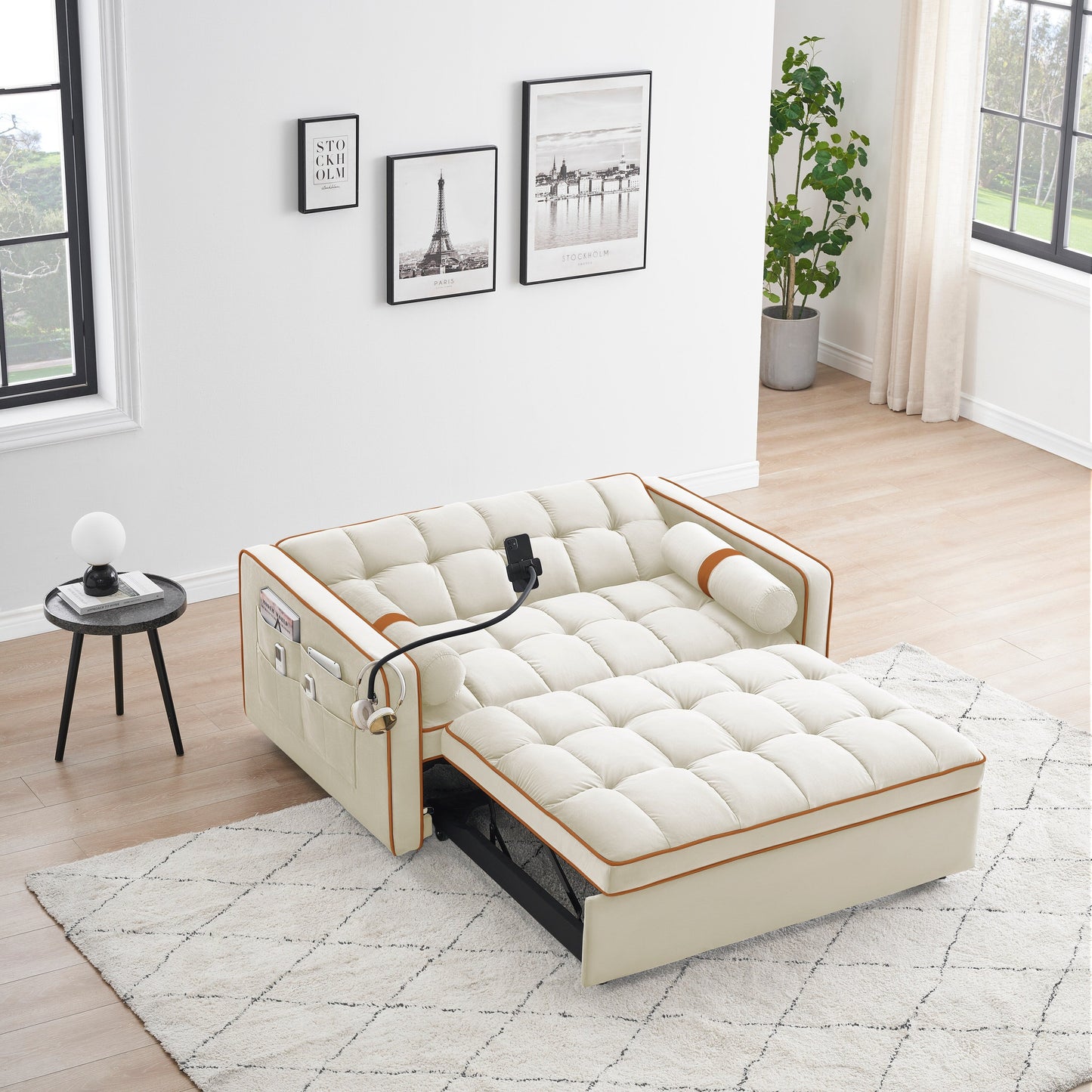 Divano letto convertibile in velluto da 55'' a 2 posti con letto estraibile, reclinazione regolabile, tasche laterali e porta telefono