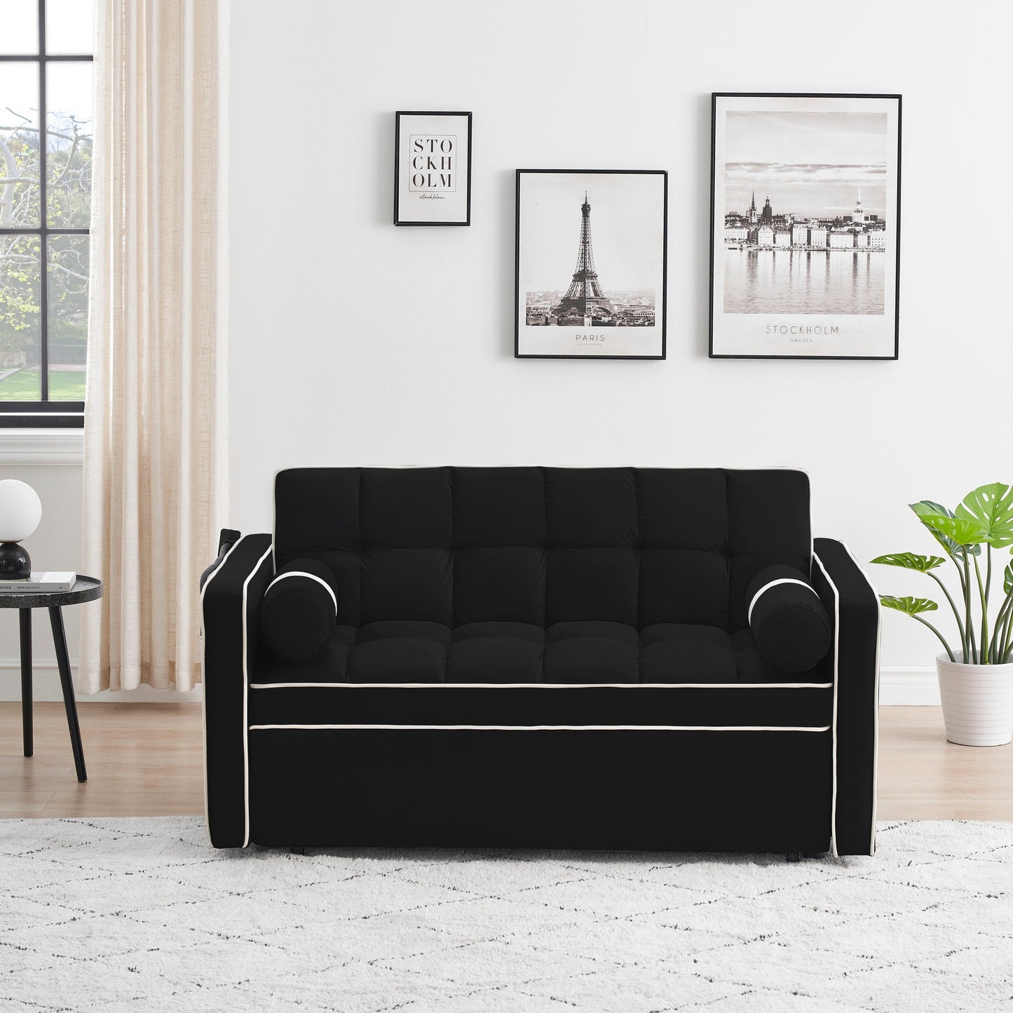 Divano letto convertibile in velluto da 55'' a 2 posti con letto estraibile, reclinazione regolabile, tasche laterali e porta telefono