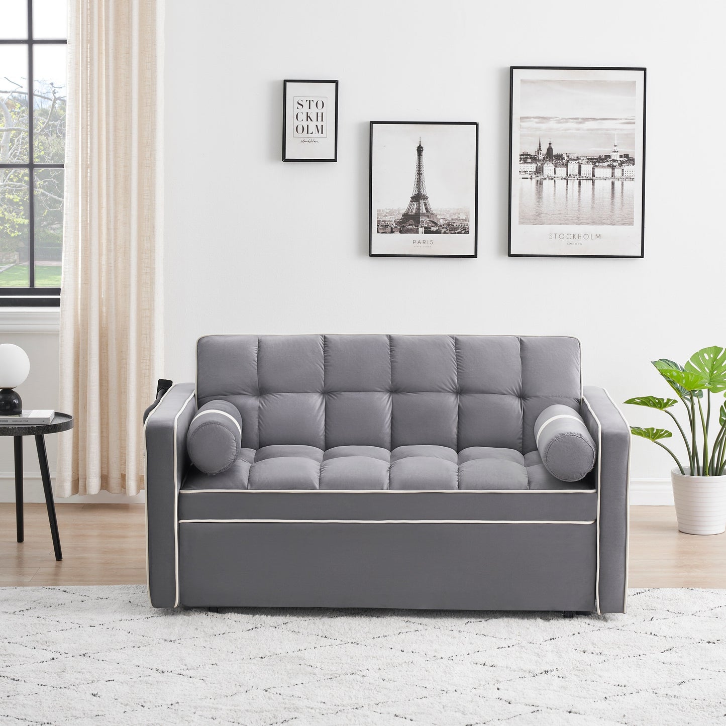 Divano letto convertibile in velluto da 55'' a 2 posti con letto estraibile, reclinazione regolabile, tasche laterali e porta telefono