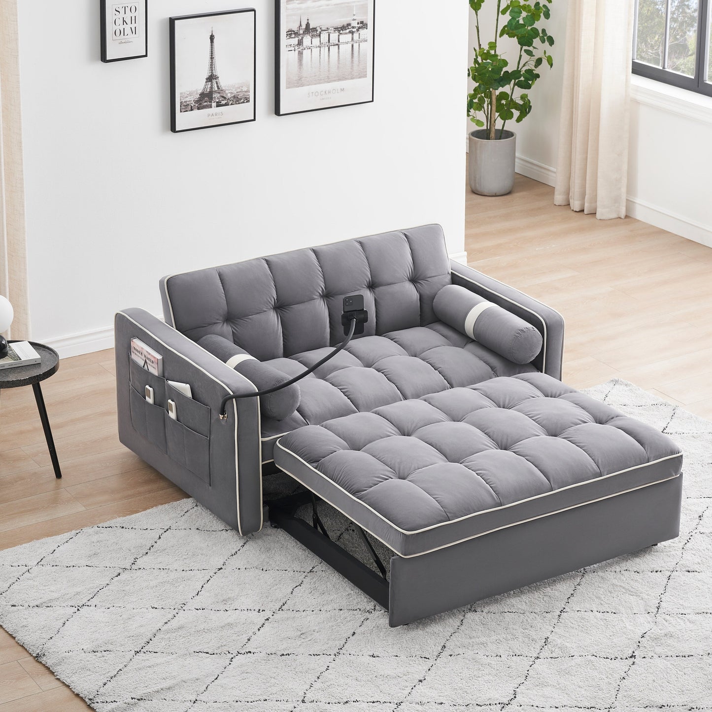 Divano letto convertibile in velluto da 55'' a 2 posti con letto estraibile, reclinazione regolabile, tasche laterali e porta telefono
