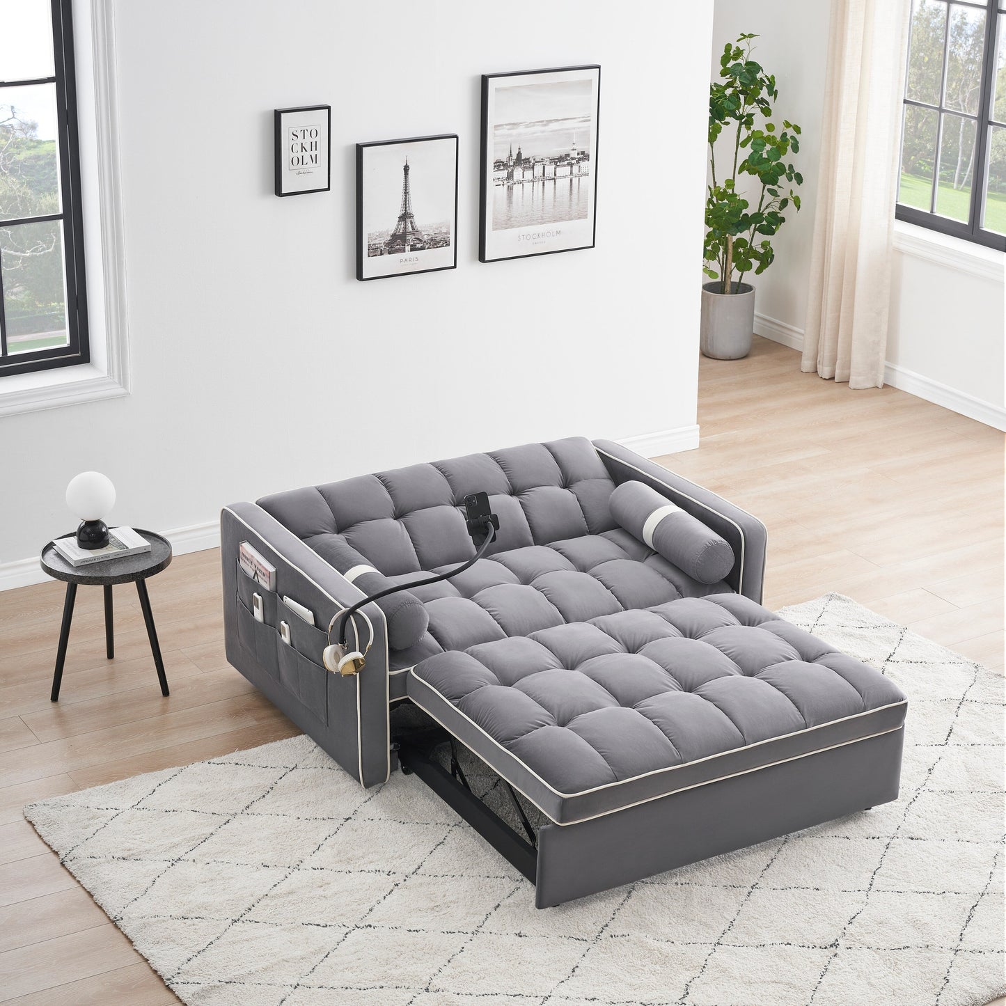 Divano letto convertibile in velluto da 55'' a 2 posti con letto estraibile, reclinazione regolabile, tasche laterali e porta telefono