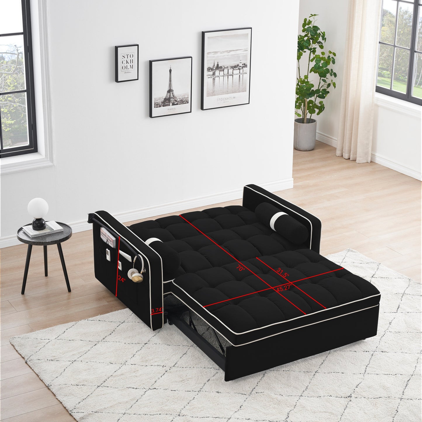 Divano letto convertibile in velluto da 55'' a 2 posti con letto estraibile, reclinazione regolabile, tasche laterali e porta telefono