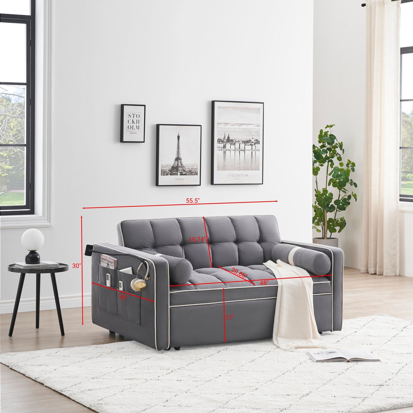 Divano letto convertibile in velluto da 55'' a 2 posti con letto estraibile, reclinazione regolabile, tasche laterali e porta telefono