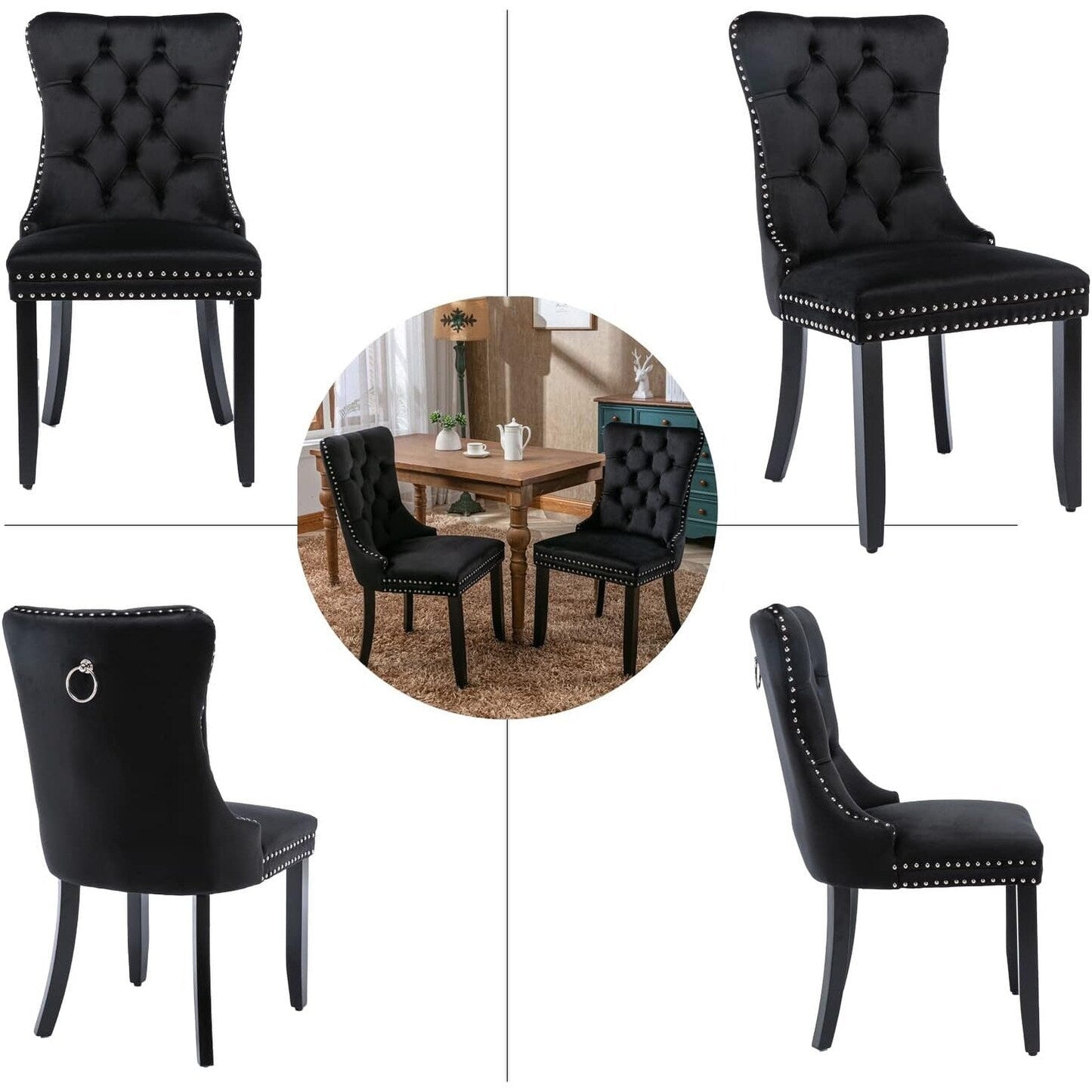 Set di 2 sedie da pranzo in velluto, sedie da pranzo trapuntate con schienale a borchie e anello di chiusura - 25,5×19,7×37,4 pollici