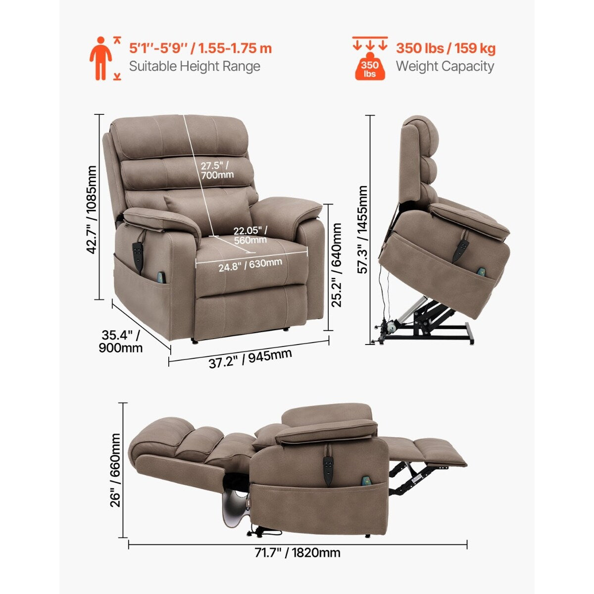 Poltrona reclinabile Velvet Power Lift, doppio motore, riscaldamento, massaggio e caricabatterie wireless