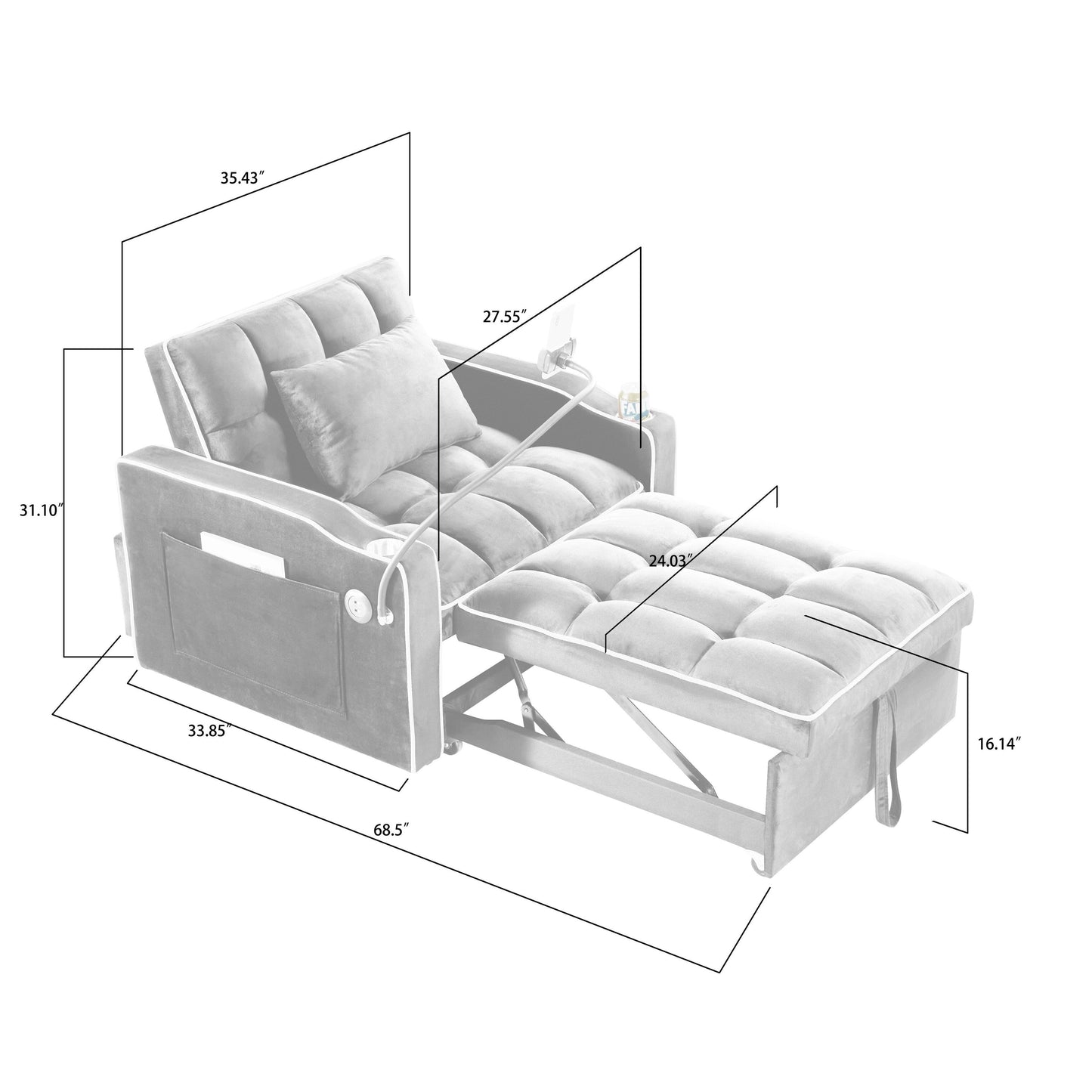 Divano letto singolo in velluto con porta di ricarica USB