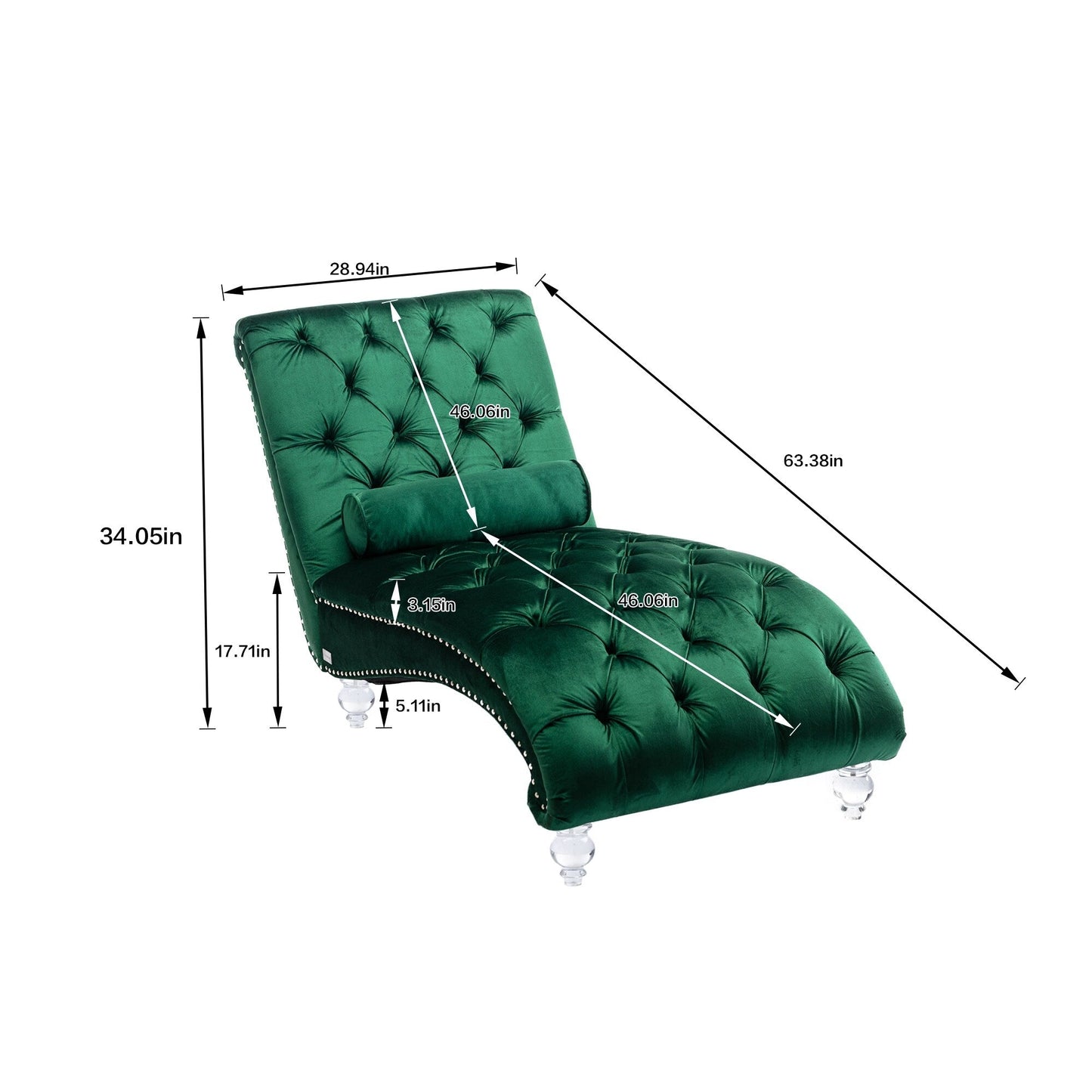 Poltrona reclinabile ergonomica a forma di S con cuscino, finiture con borchie e gambe in acrilico per uso interno.