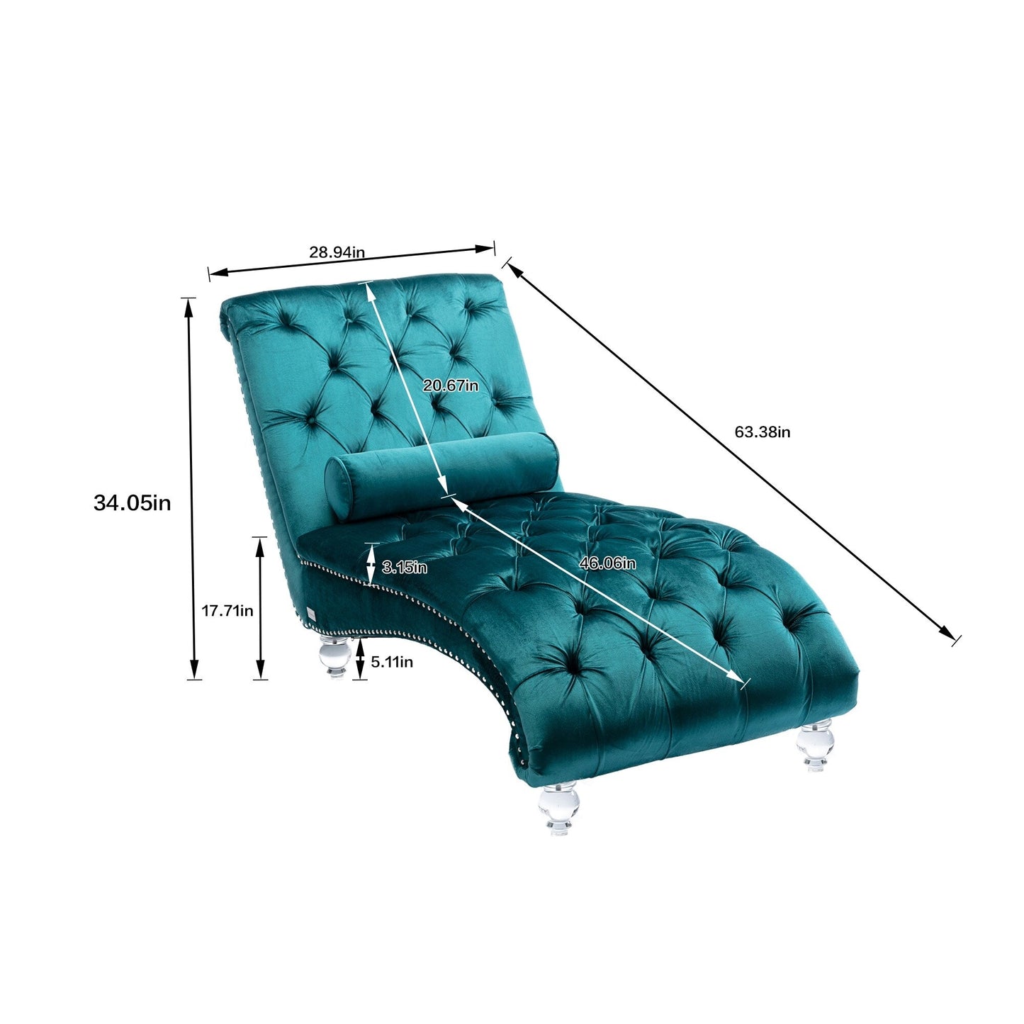 Poltrona reclinabile ergonomica a forma di S con cuscino, finiture con borchie e gambe in acrilico per uso interno.