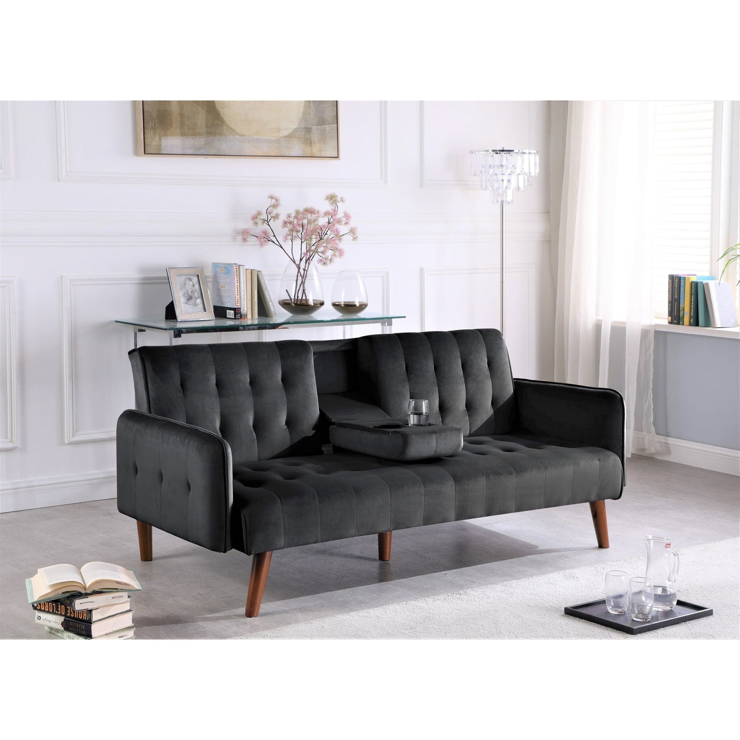 Divano letto futon pieghevole convertibile rivestito in velluto con 2 portabicchieri per soggiorno compatto