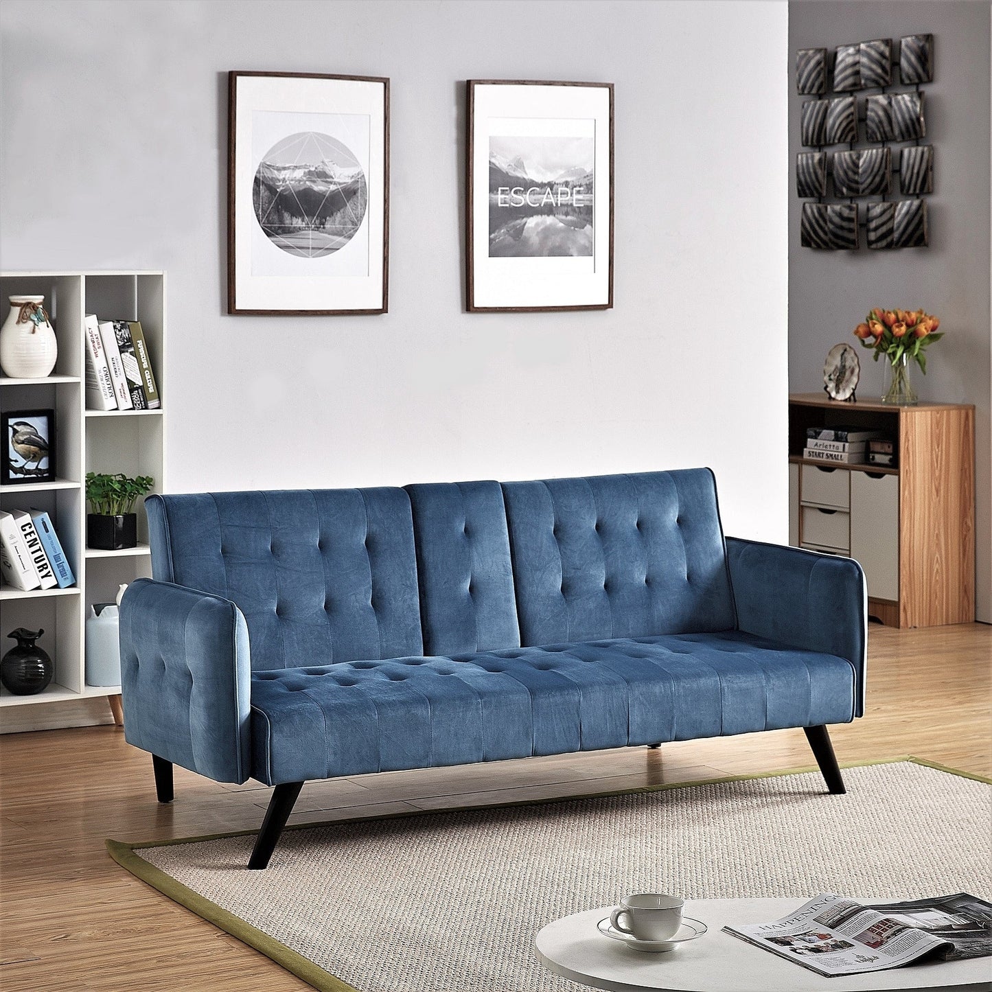 Divano letto futon pieghevole convertibile rivestito in velluto con 2 portabicchieri per soggiorno compatto