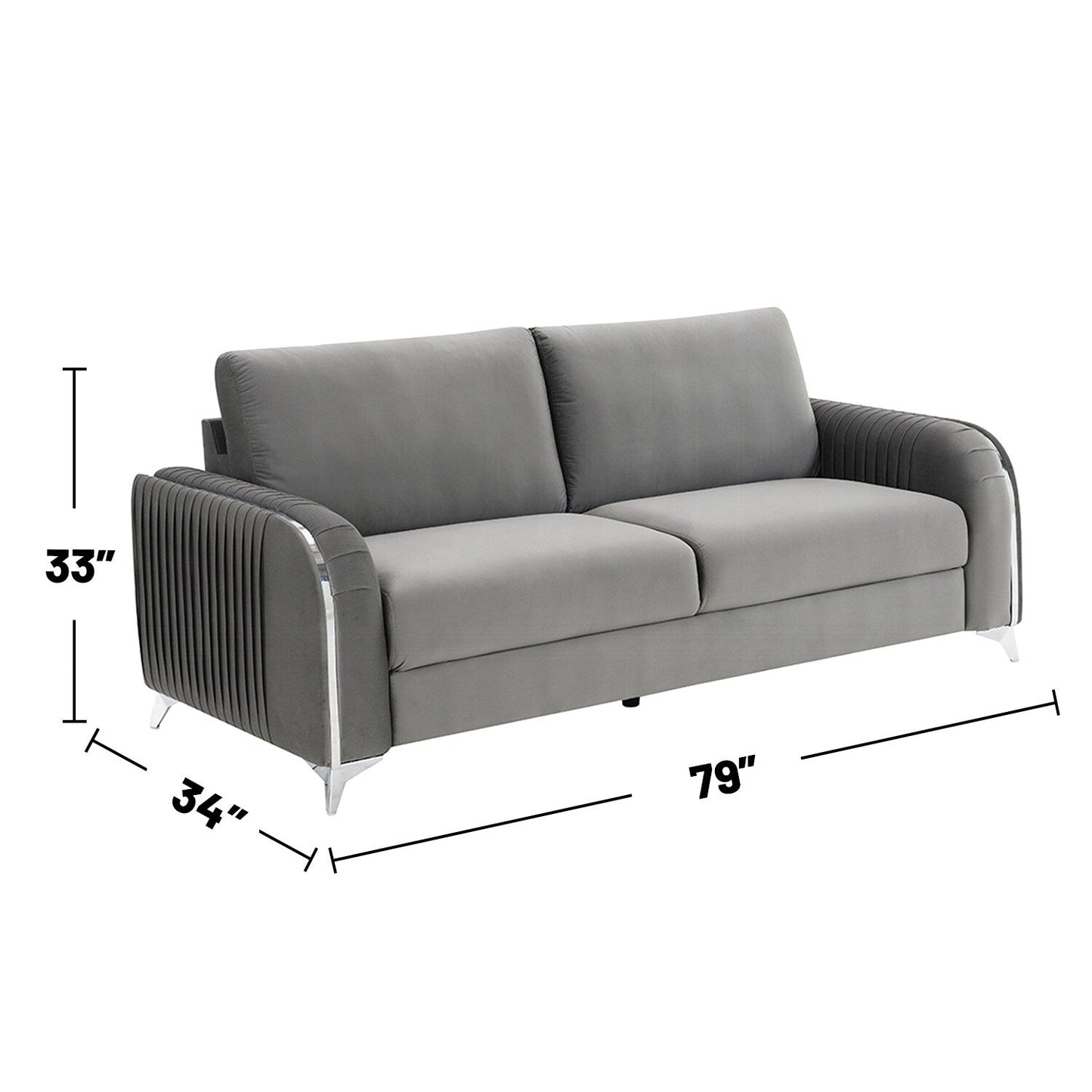 Divano rivestito in velluto con gambe in metallo grigio