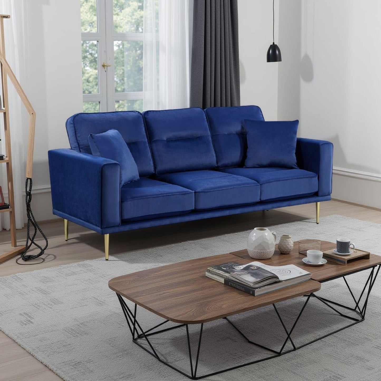 Divano Voxo con 2 cuscini decorativi, seduta imbottita in velluto blu, 82 pollici