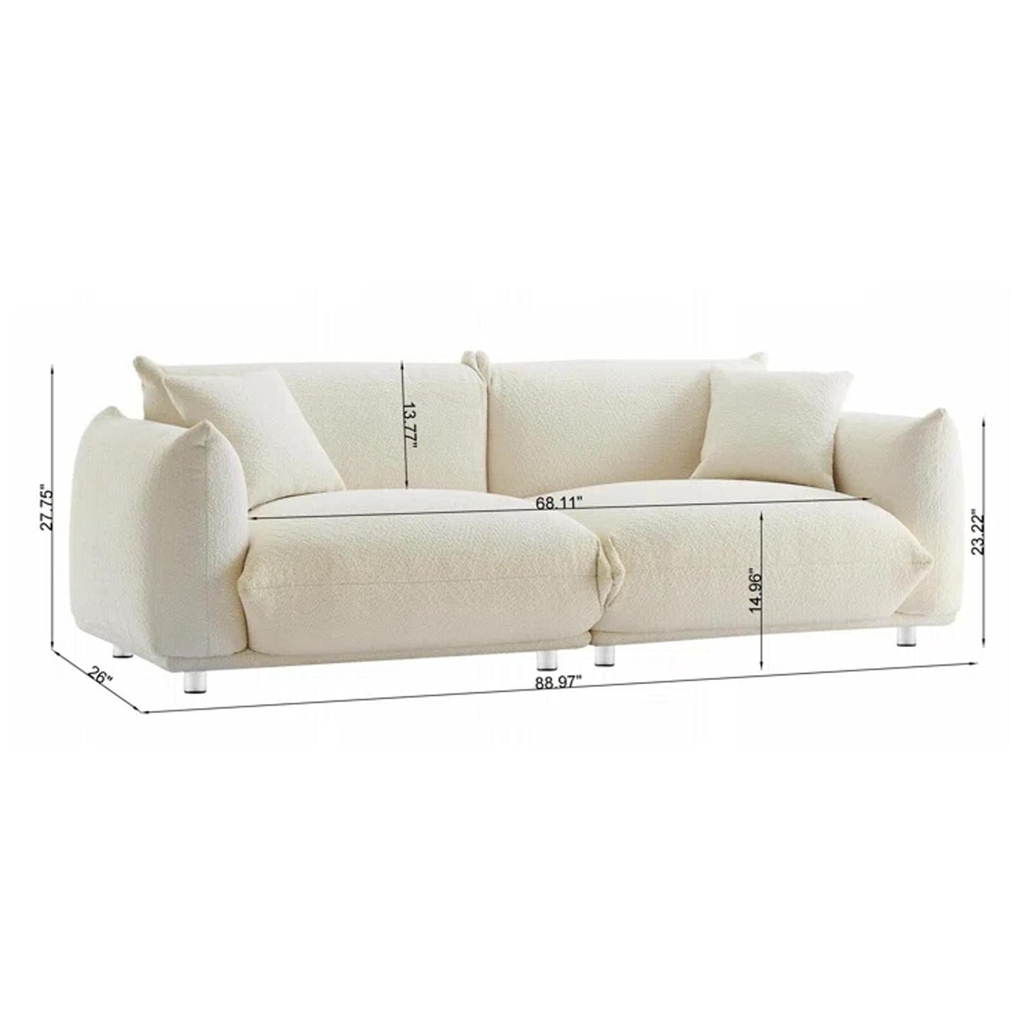 Divano a due posti oversize bianco da 87'' con gambe in metallo, struttura in legno massello e 2 cuscini