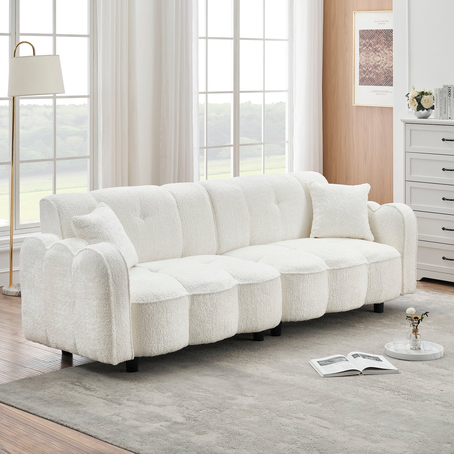 Divano bianco 96.06 Teddy Plush a 3 posti con design speciale a nuvola, seduta in schiuma spessa e cuscini per soggiorno