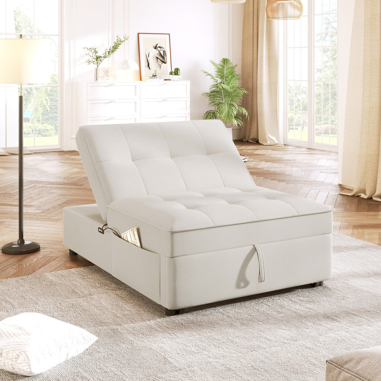 Divano letto bianco multifunzione 72,5 4 in 1 in lino con tasca portaoggetti e porta USB per soggiorno