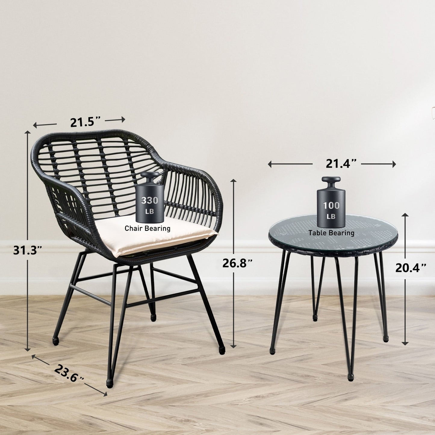 Set da 3 pezzi per mobili da esterno in vimini, da patio, da bistrot, con cuscini, per veranda, piscina, giardino - 21,2 L x 23,6 W x 31,5 H
