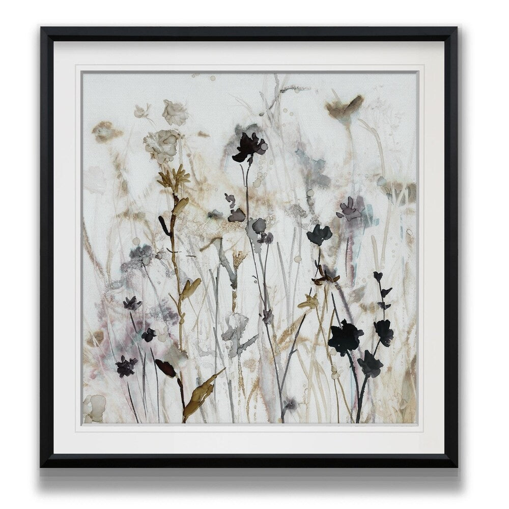Wildflower Mist I - Stampa incorniciata personalizzata - blu, bianco, grigio, giallo, verde, argento, oro