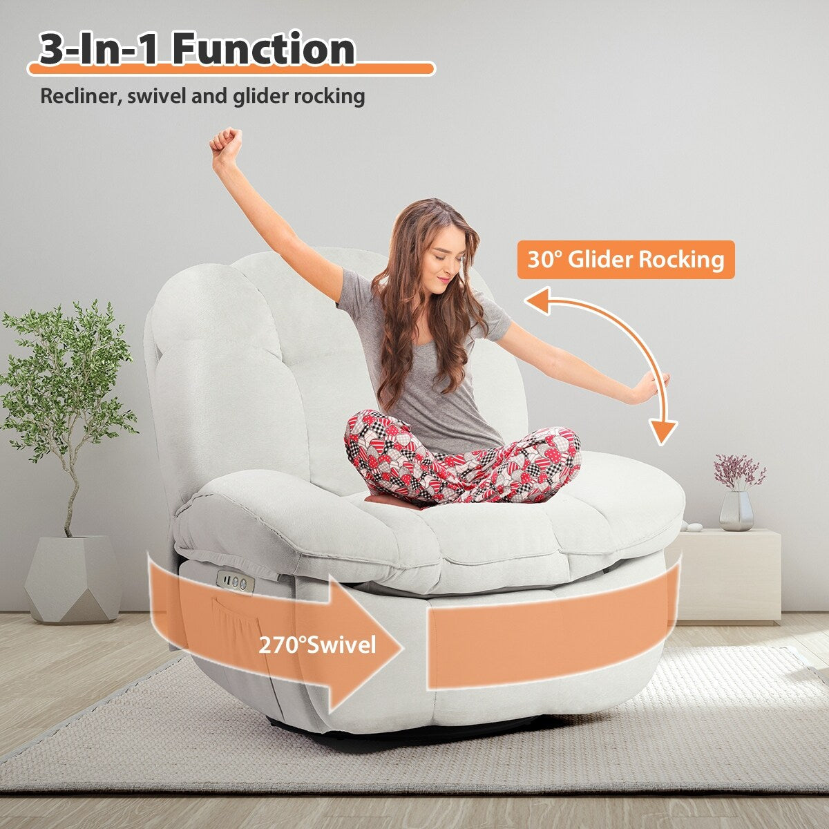 Poltrona reclinabile elettrica XINMICS, poltrona reclinabile massaggiante con riscaldamento, poltrone reclinabili girevoli moderne per adulti con USB