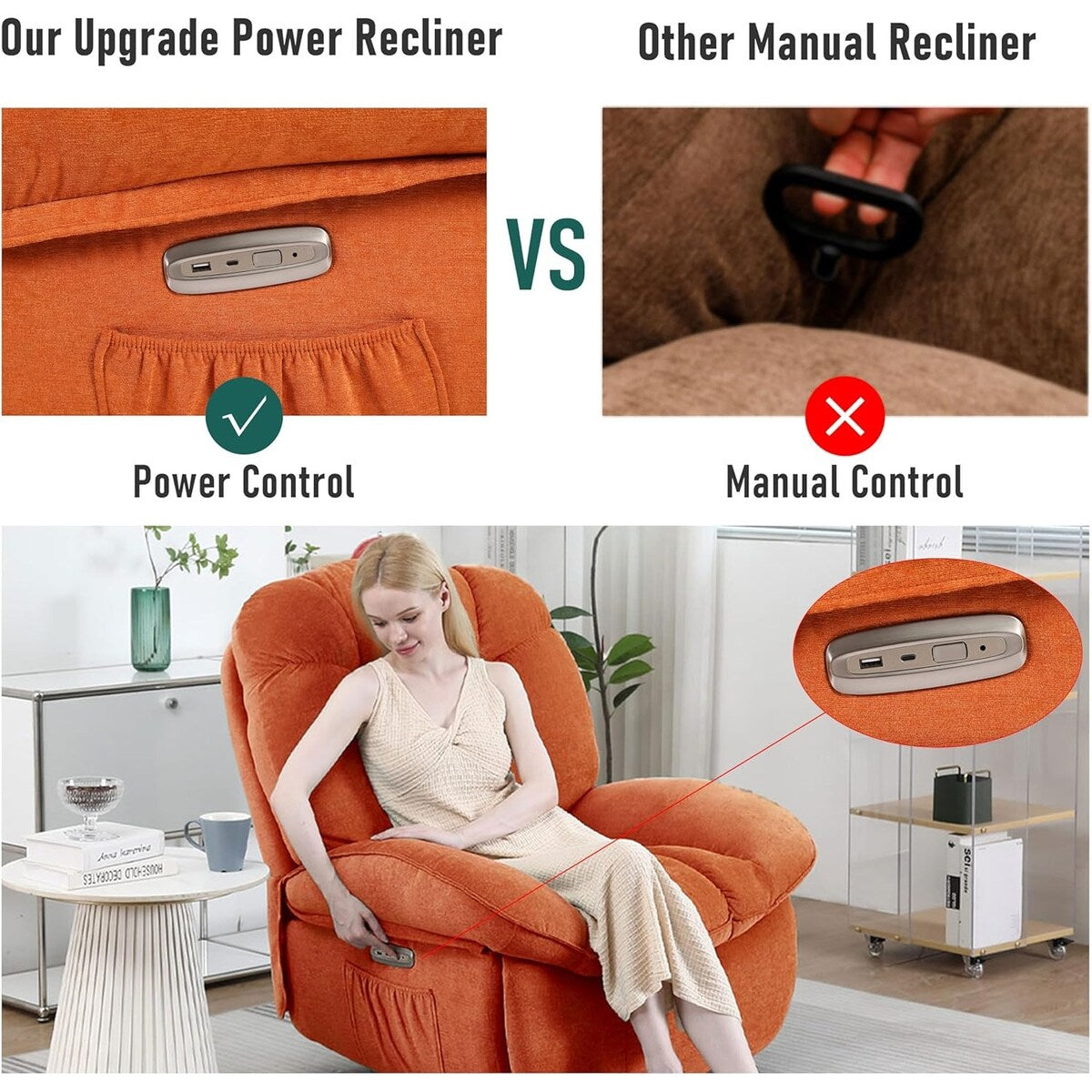 Poltrona reclinabile girevole elettrica XINMICS, poltrone reclinabili massaggianti con riscaldamento, USB, USB-C e tasca laterale