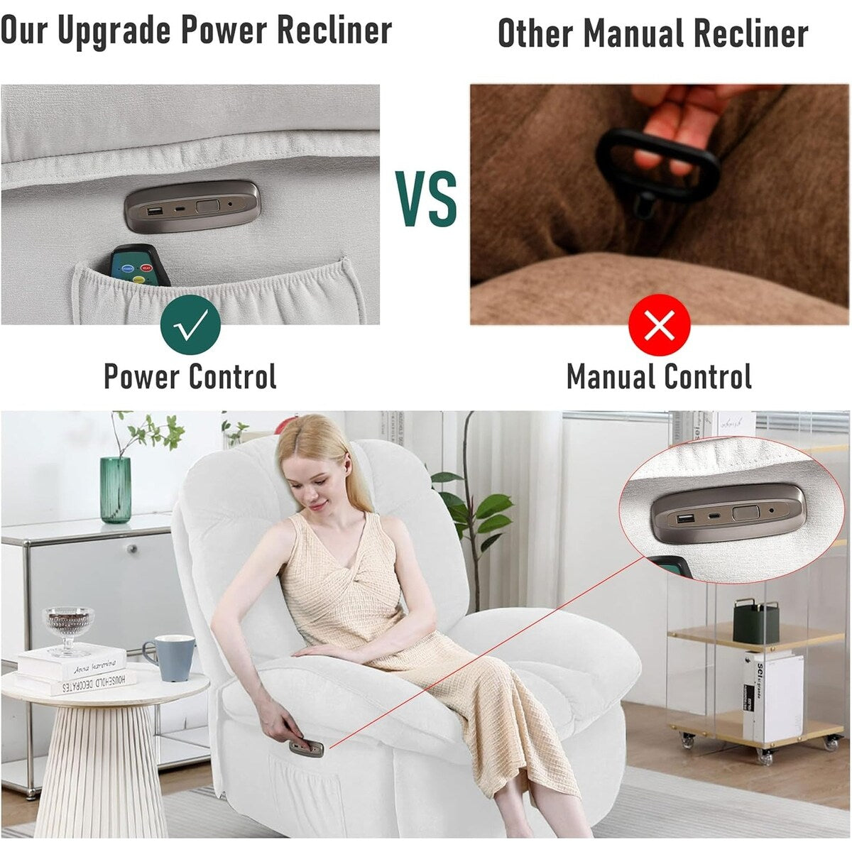 Poltrona reclinabile girevole elettrica XINMICS, poltrone reclinabili massaggianti con riscaldamento, USB, USB-C e tasca laterale