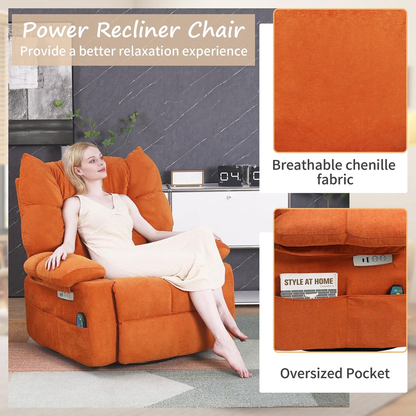 Poltrona reclinabile girevole XINMICS, poltrona reclinabile elettrica Glider con massaggio e riscaldamento
