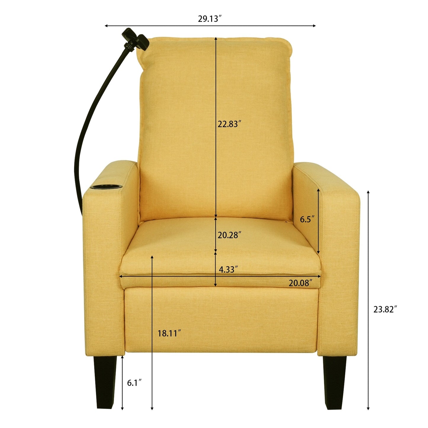 Poltrona reclinabile manuale moderna in tessuto giallo con porta cellulare, portabicchieri e poggiapiedi