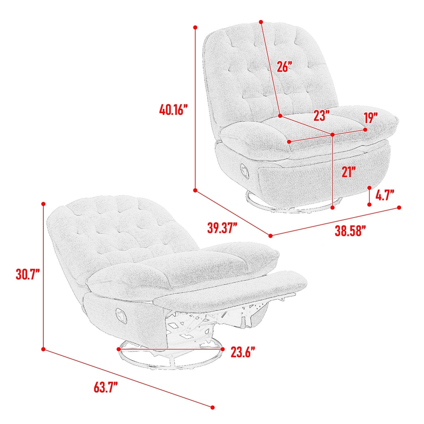 Poltrona reclinabile manuale girevole a 360° con rivestimento in ciniglia gialla di grandi dimensioni, poggiapiedi esteso e schienale imbottito