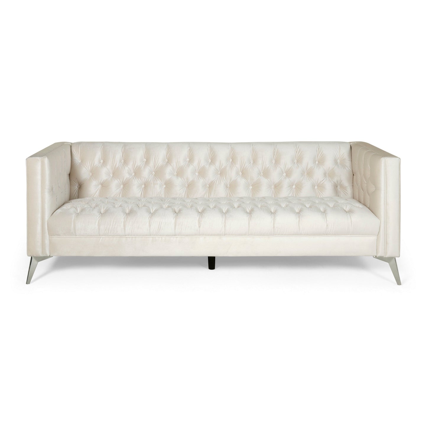 Divano Zexy, 3 posti, capitonné, Chesterfield, velluto beige, cromato
