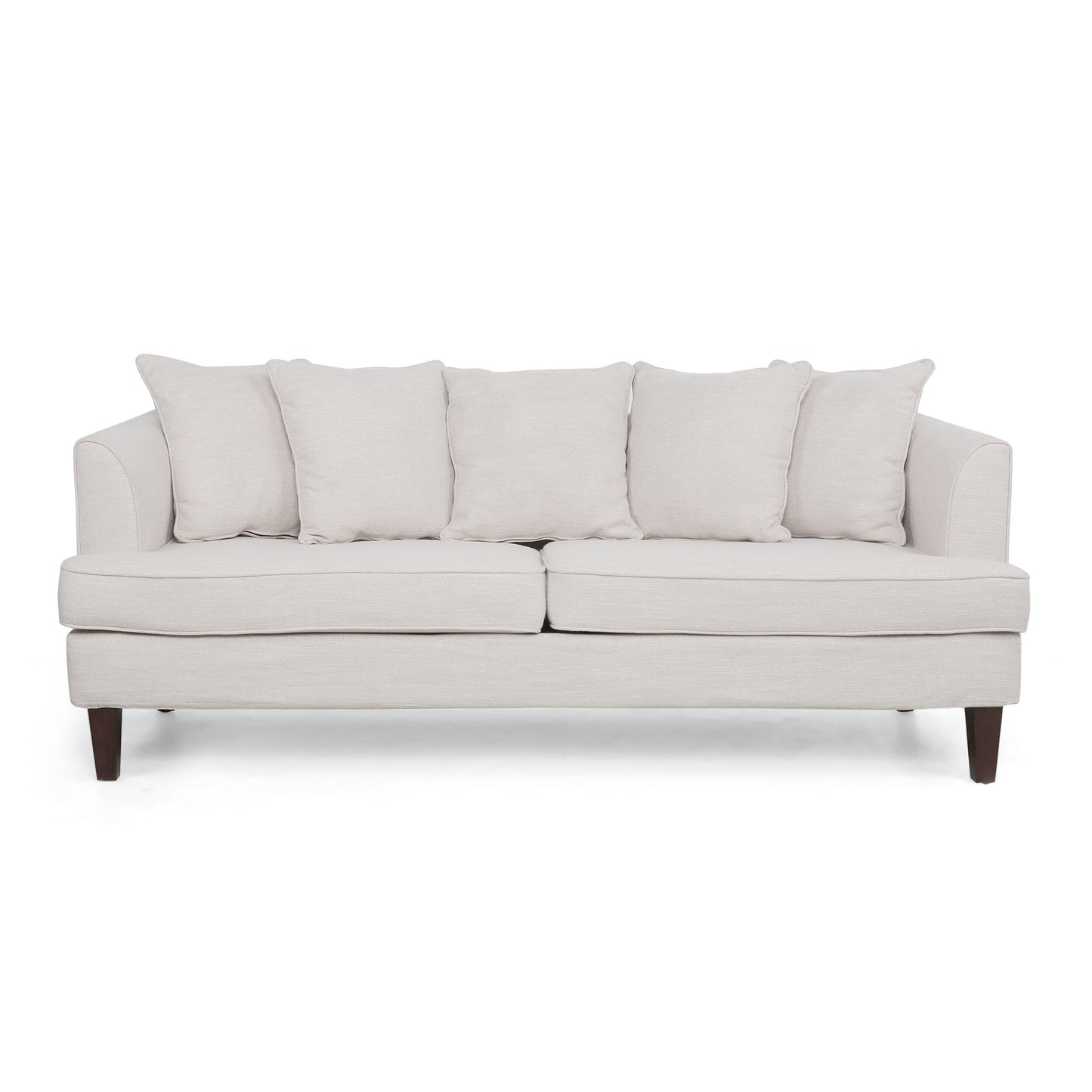 Divano a 3 posti Zuko da 74 pollici, tessuto beige, 5 cuscini decorativi, gambe in legno