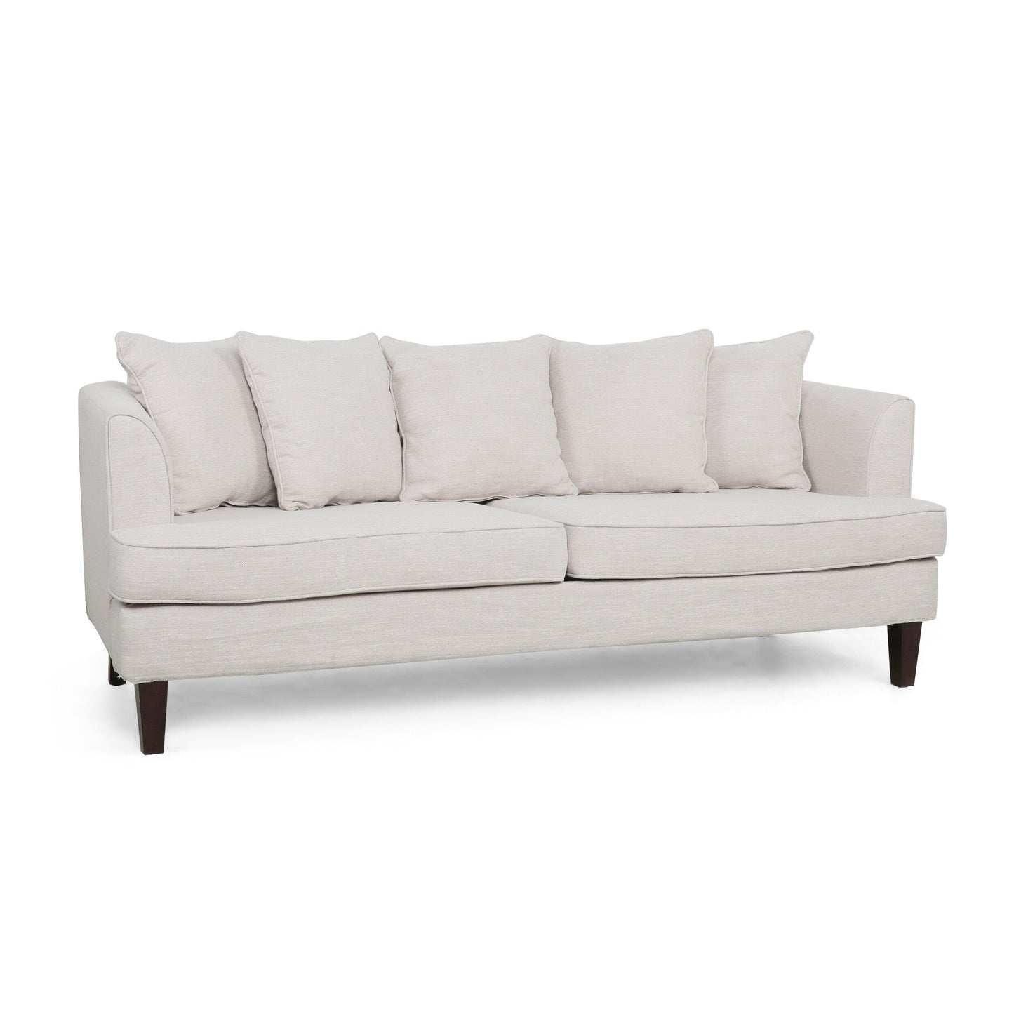 Divano a 3 posti Zuko da 74 pollici, tessuto beige, 5 cuscini decorativi, gambe in legno