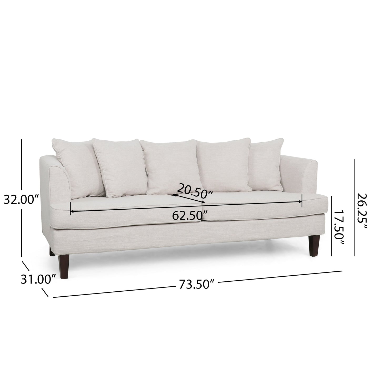 Divano a 3 posti Zuko da 74 pollici, tessuto beige, 5 cuscini decorativi, gambe in legno