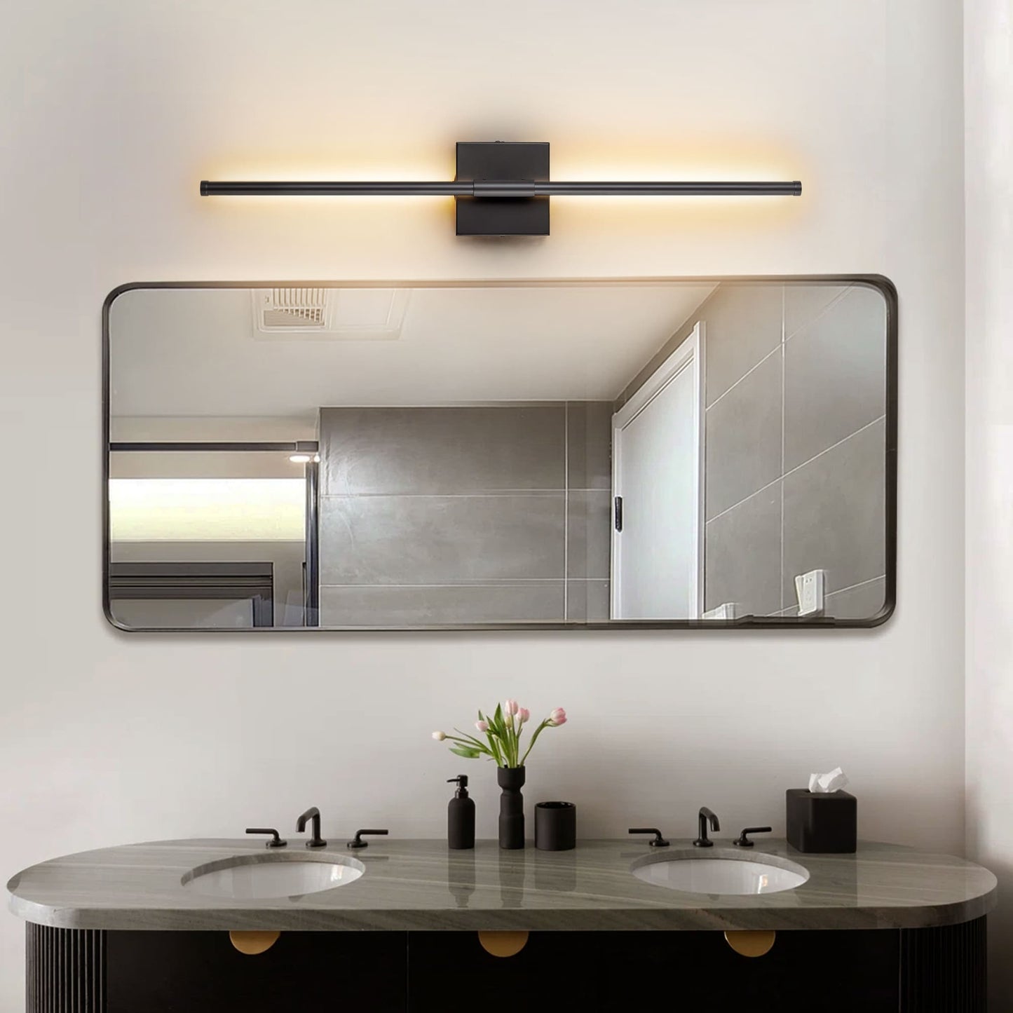 Applique da parete moderna a striscia lineare lunga nera/oro/nichel, dimmerabile, con luce LED per il bagno