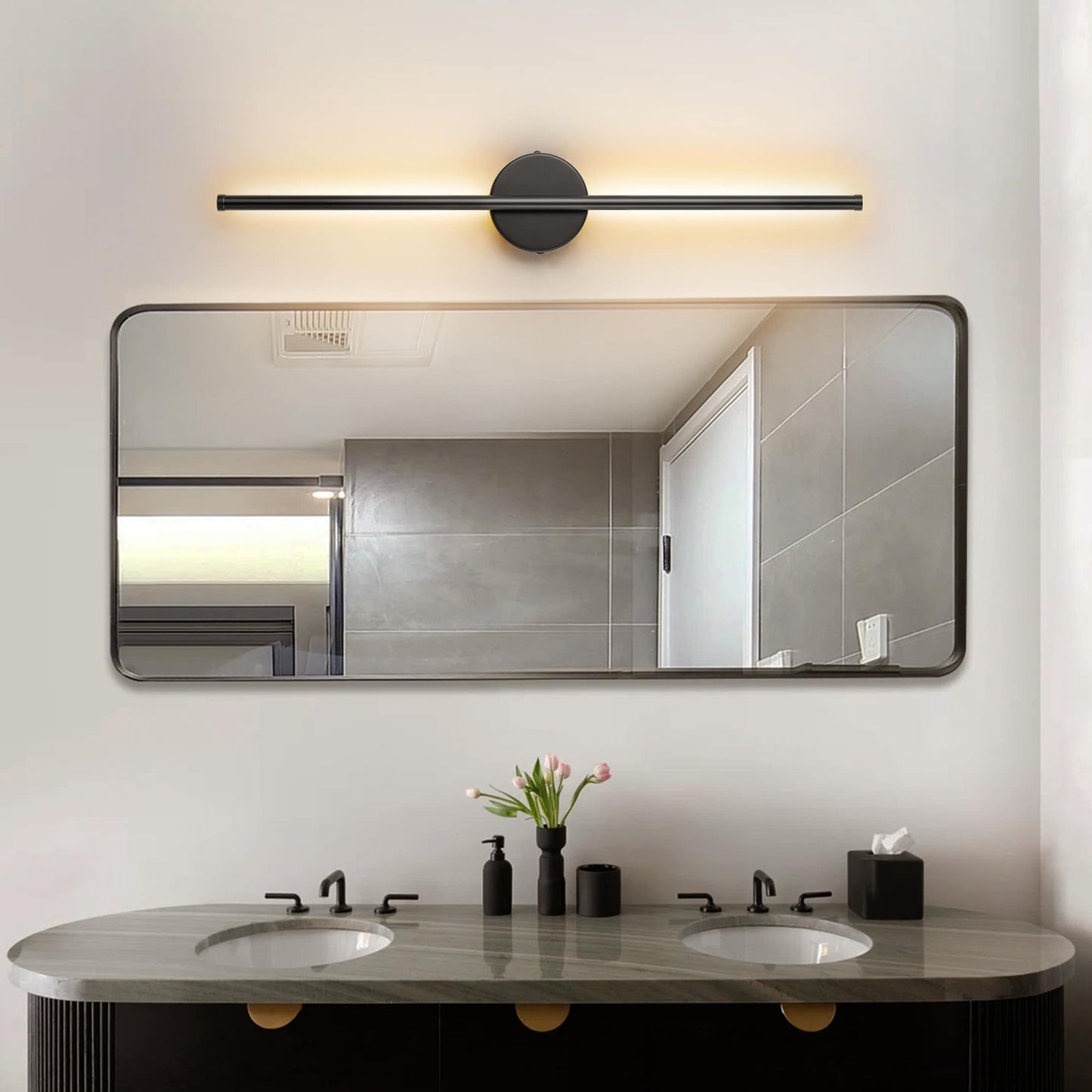 Applique da parete moderna a striscia lineare lunga nera/oro/nichel, dimmerabile, con luce LED per il bagno
