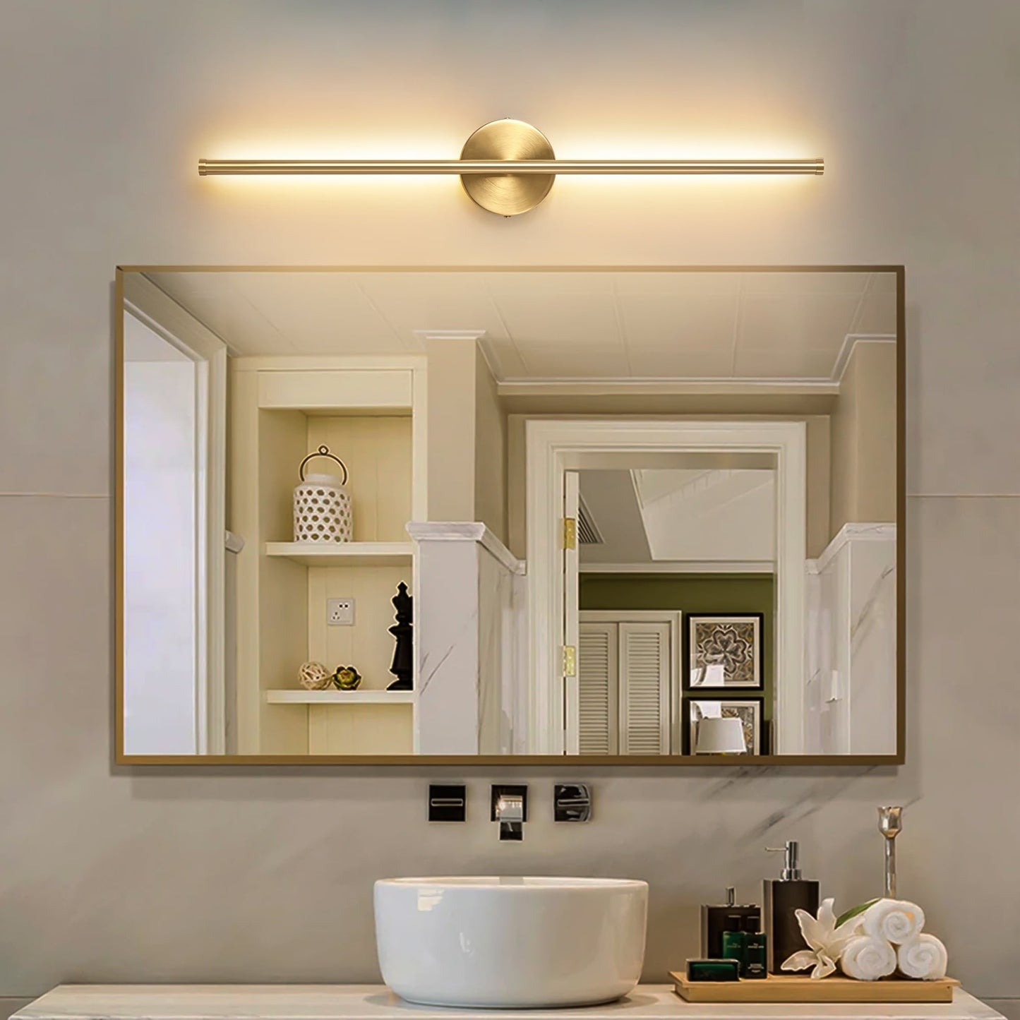 Applique da parete moderna a striscia lineare lunga nera/oro/nichel, dimmerabile, con luce LED per il bagno