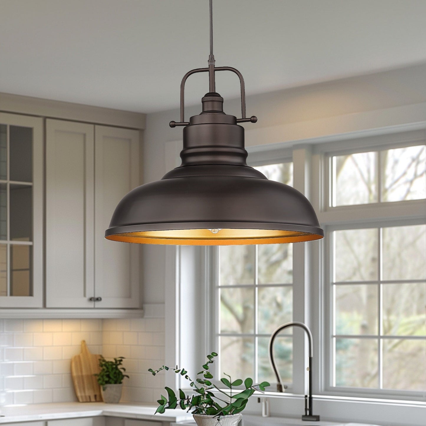 Lampada a sospensione a cupola in metallo stile fattoria industriale a 1 luce, finitura bronzo oliato