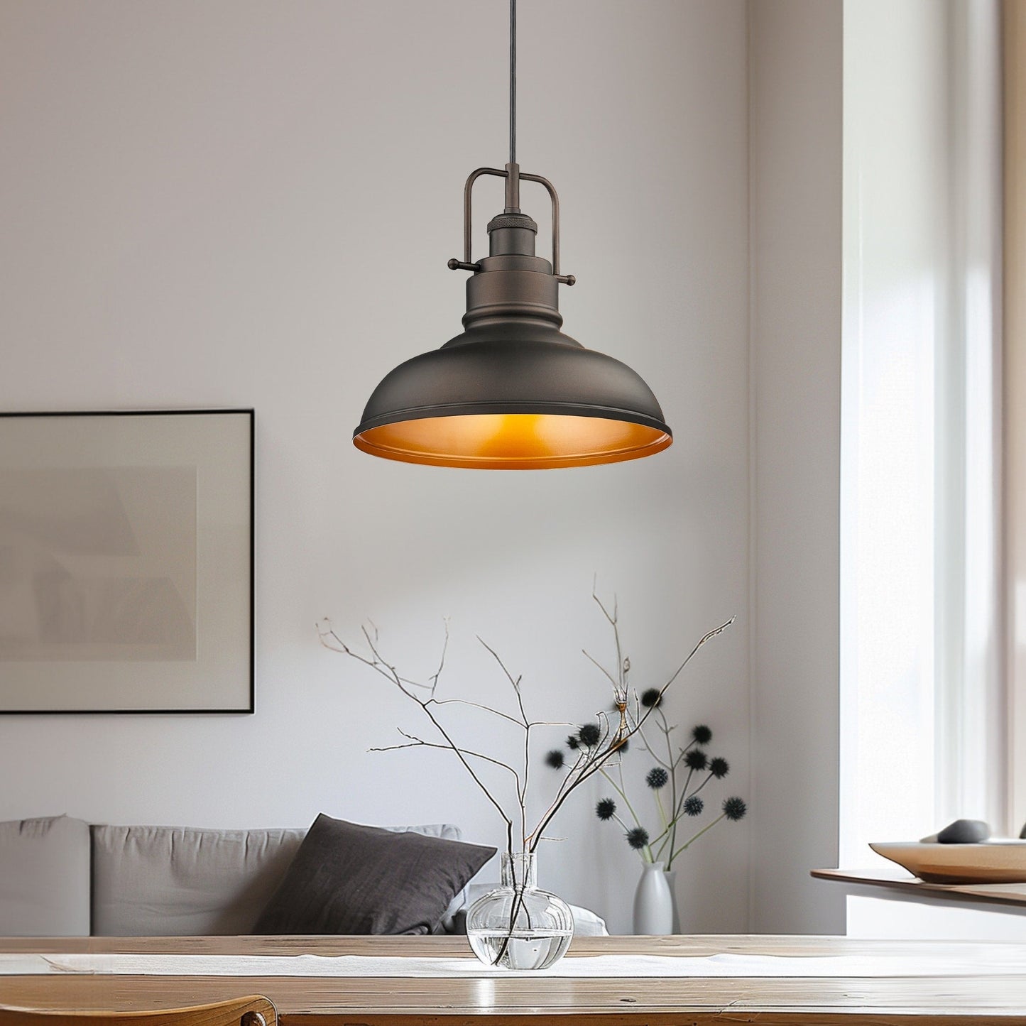 Lampada a sospensione a cupola in metallo stile fattoria industriale a 1 luce, finitura bronzo oliato